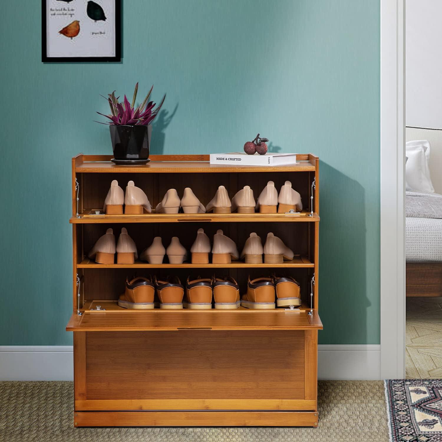 Brown Bamboo 5-Tier Shoe Organizer with Pull-Down Doors