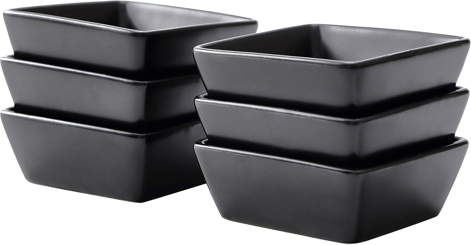 Bruntmor Black Ceramic Square Baking Ramekins For Soufflé, Crème Brulee, Jams, Dipping Sauces, French Onion Soup Oven Safe, Appetizer Sauce Dipping Bowls, (4 Oz, Set Of 6)
