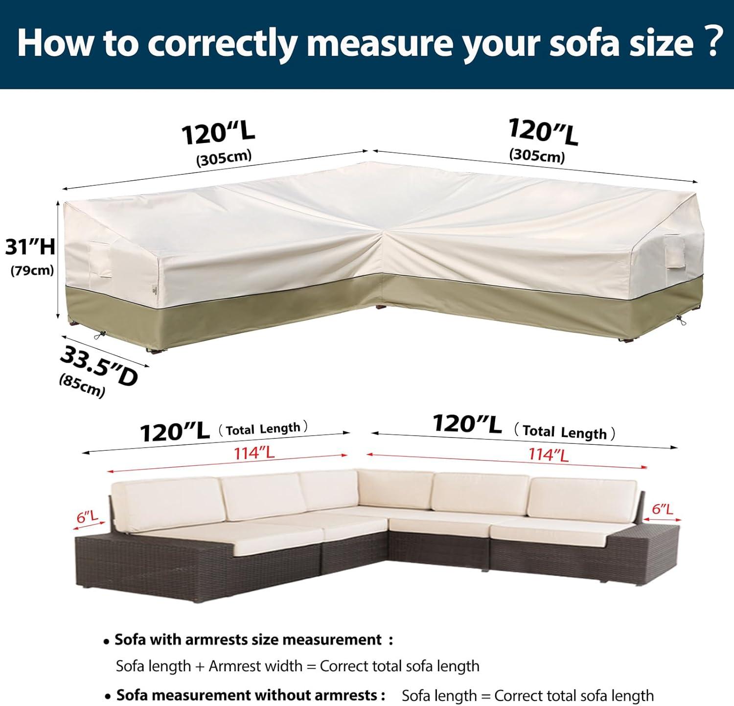 Outdoor Sectional Cover-V-Shaped Garden Patio Furniture Covers Waterproof Rip-Stop Anti-UV 600D Heavy Duty Outdoor Couch Cover with 3 Air Vents Sofa Cover 85''L 33.5''D 31''H,Beige & Reddish Brown