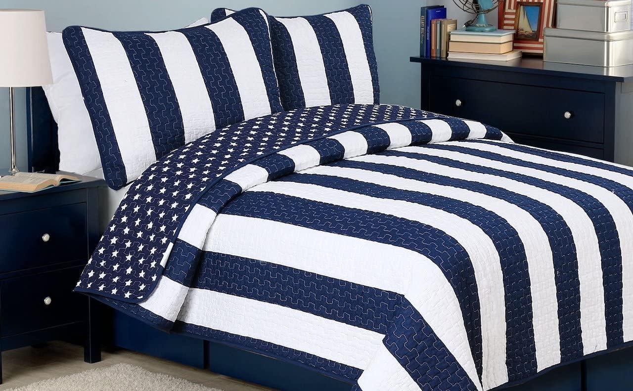 Navy and White Striped Cotton Full Quilt Set