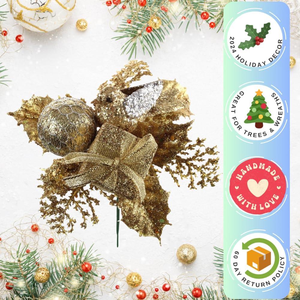 12 Picks Gold Glitter Christmas Tree Picks Decoration