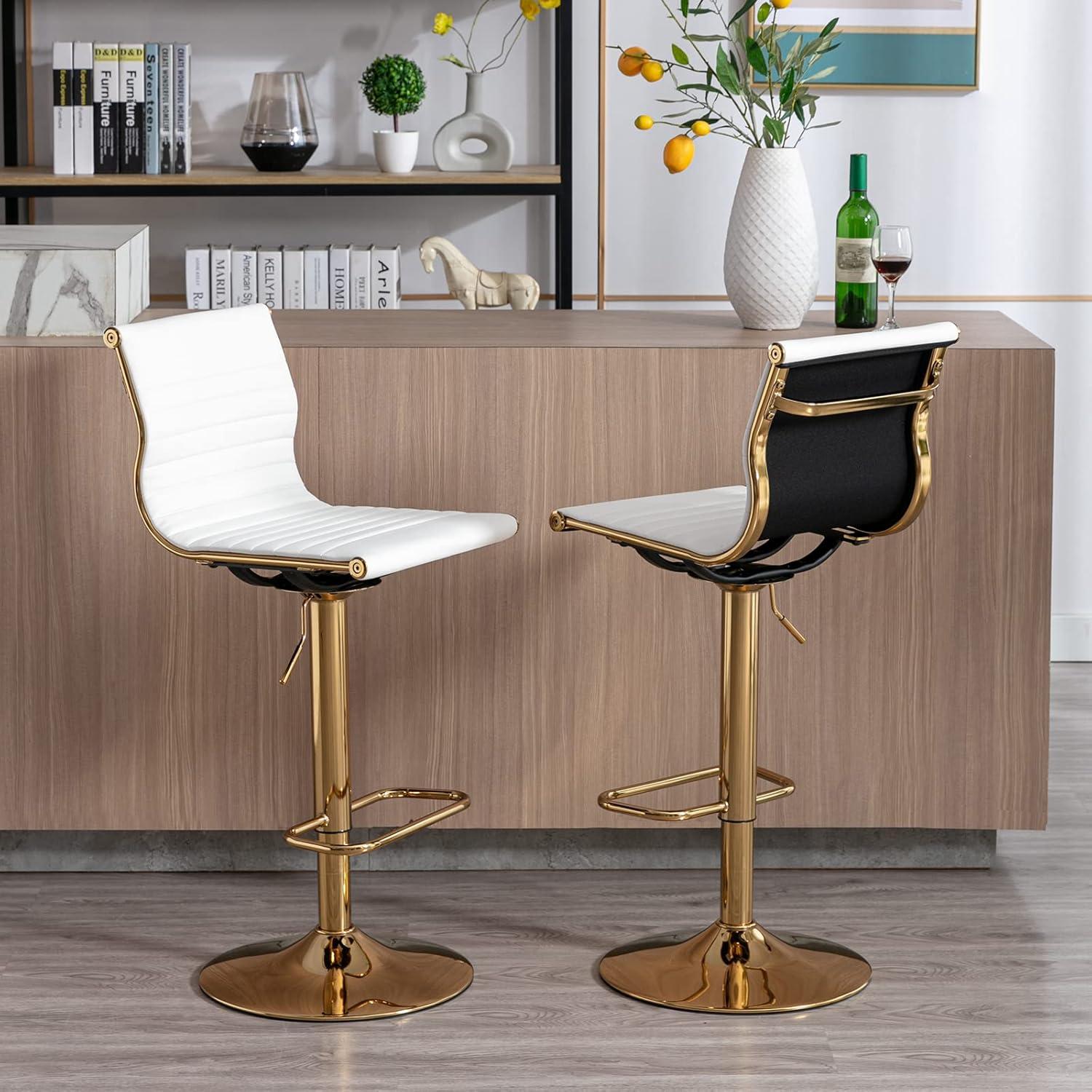Flash Furniture Modern White Vinyl Adjustable Bar Stool with Back, Counter Height Swivel Stool with Gold Pedestal Base, Set of 2