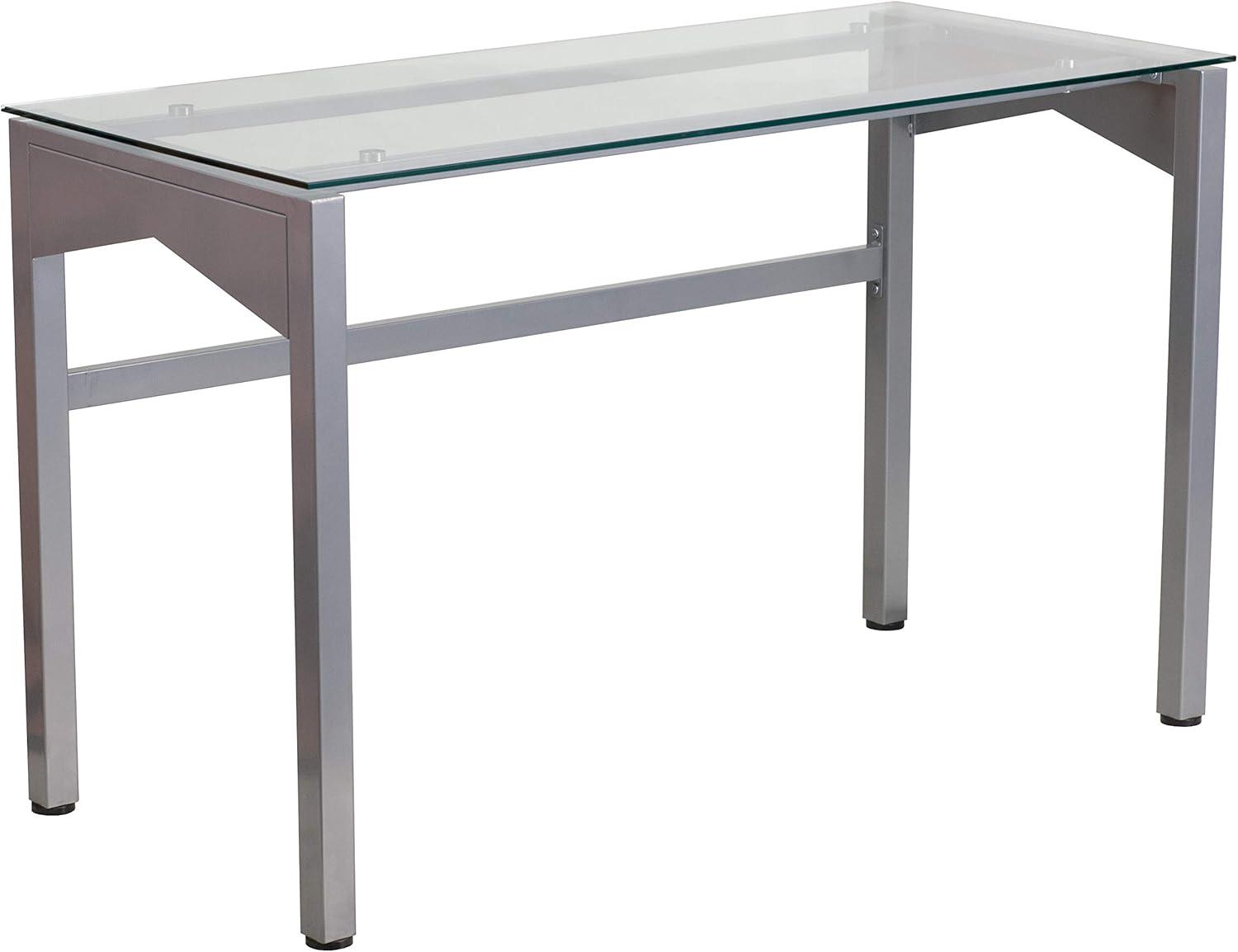 Sleek Gray Tempered Glass Desk with Geometric Drawer