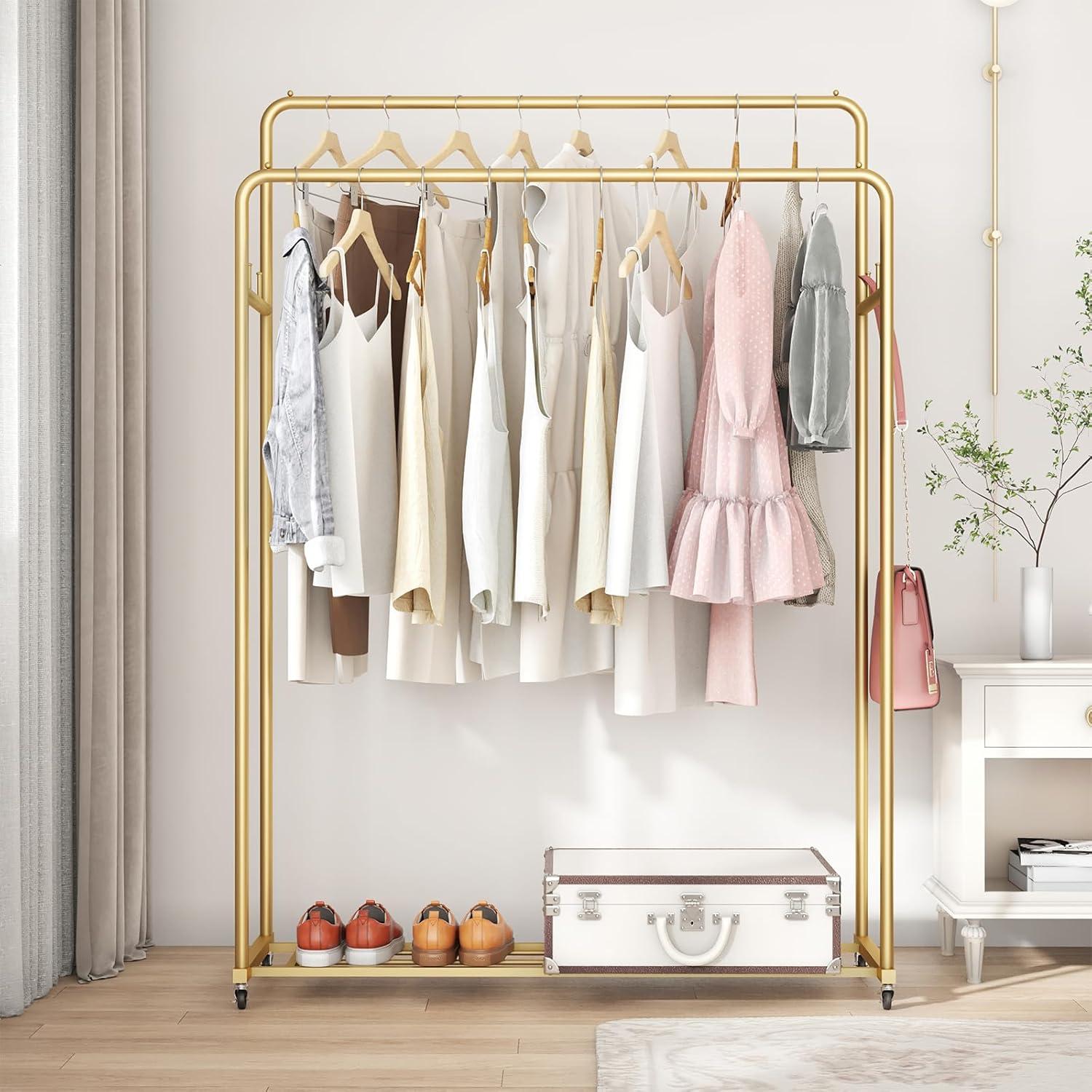 Laiensia Double Rods Garment Rack with Wheels, Clothing Rack for Hanging Clothes,4 Hooks, Multi-Functional Bedroom Clothes Rack, Gold