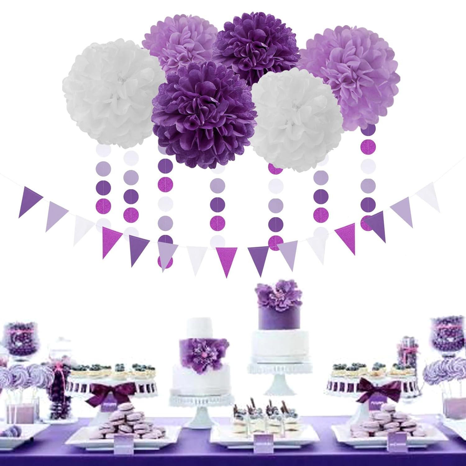 Purple White Lavender Party-Decorations Streamers - 28pcs Tissue Pom Poms,Women Girl Birthday Supplies Tassel Garland Banner,Baby Bridal Shower Wedding Engagement Bachelorette Graduation Decor Lasting Surprise