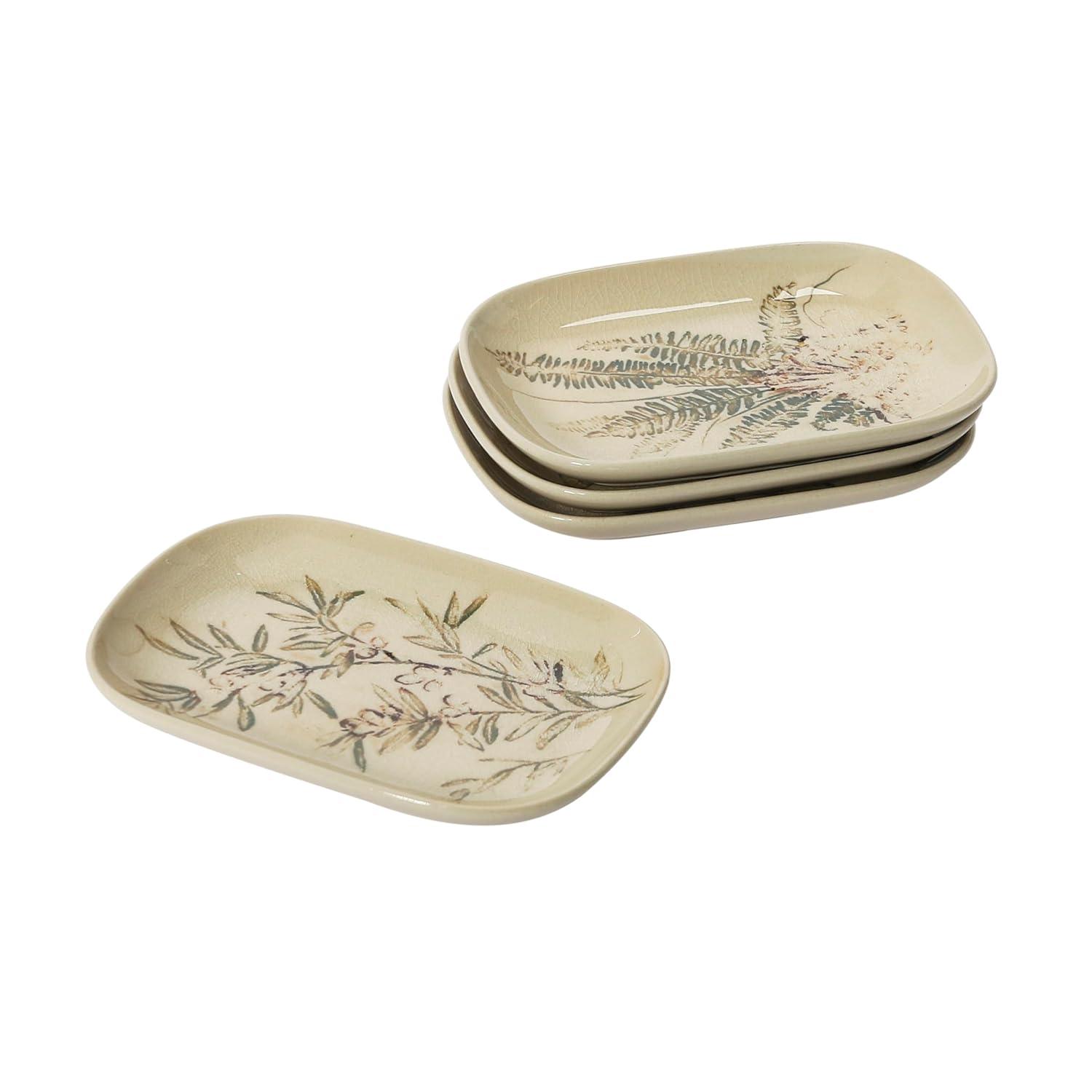 Creative Co-Op Debossed Stoneware Dish, Cream and Green Reactive Glaze, Set of 4 Styles