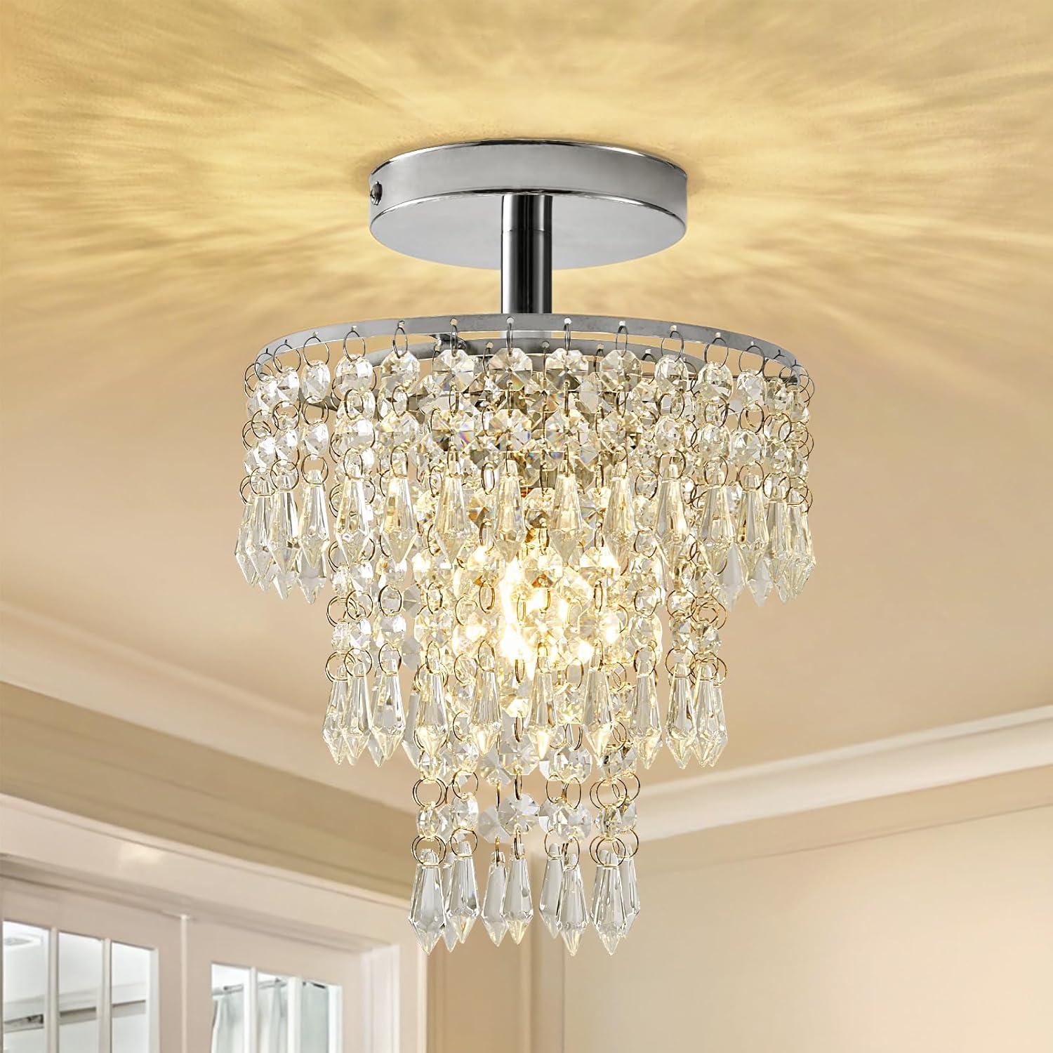 Modern Mini Crystal Chandelier, 3-Tier Raindrops Design Small Chandelier Light Fixture, Flush Mount Ceiling Light Fixture for Bedroom, Hallway, Living Room - E26 Base, Chandelier for Bedroom (Gold)