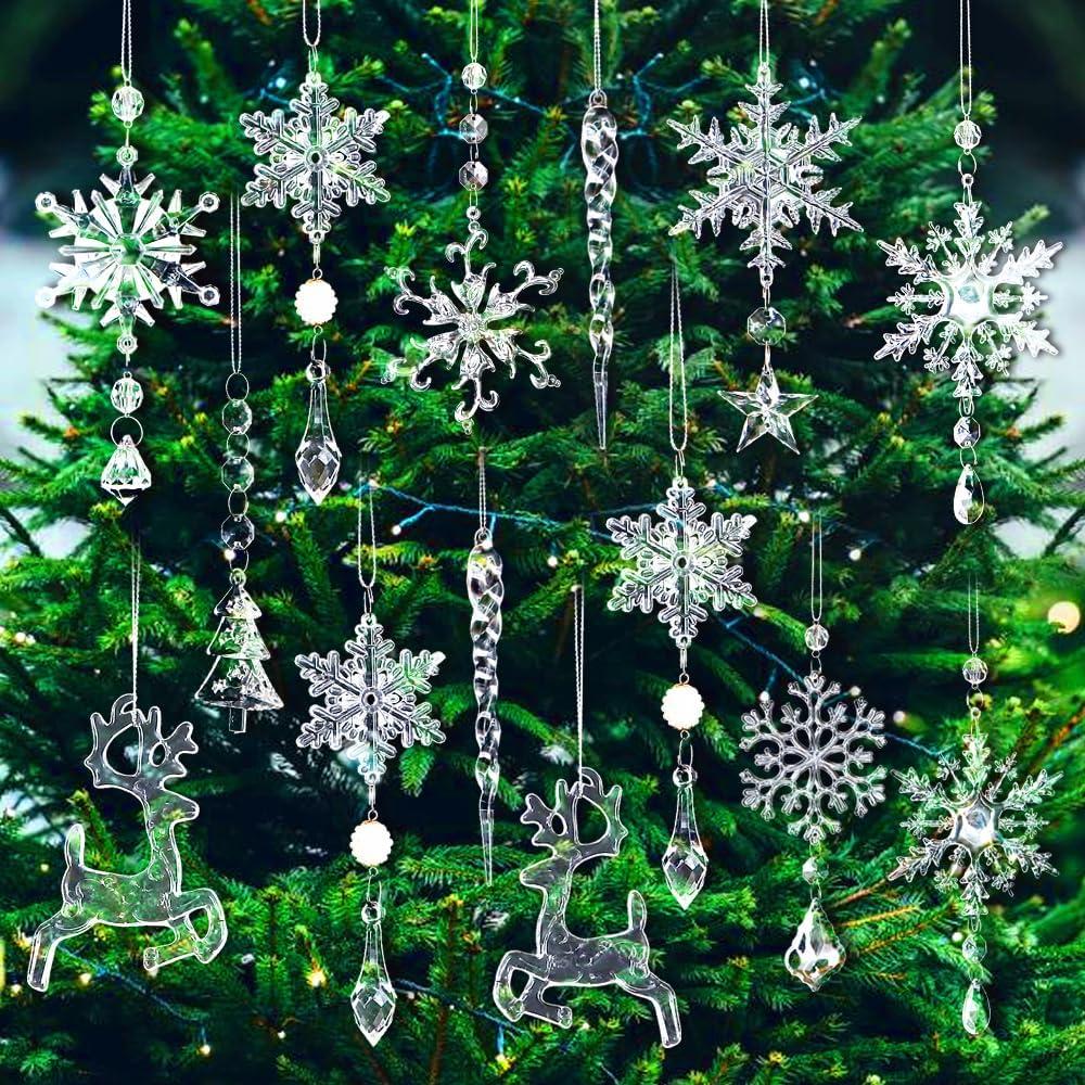 Meottam 18 Pieces Christmas Tree Ornaments - Hanging Acrylic Snowflake Icicle Drop Hanging Ornaments for Party Decor Christmas Wedding Birthday Winter Decor (Iridescent)