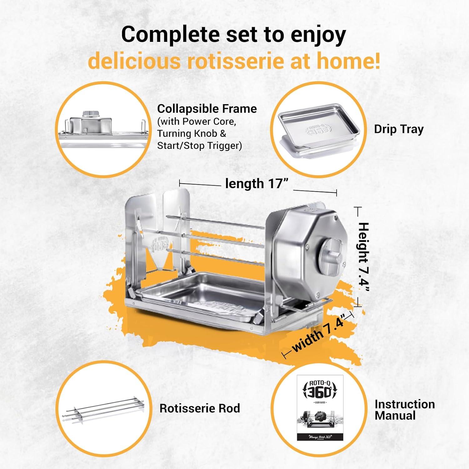 Stainless Steel Cordless Rotisserie Kit for Grills and Ovens