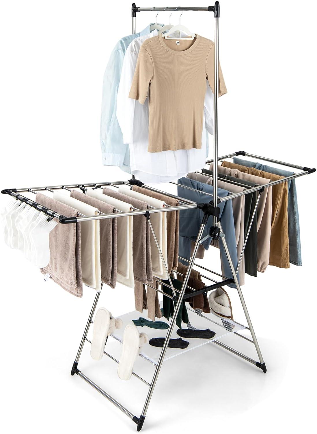 Topbuy Clothes Drying Rack Aluminum Gullwing Style Rack with 6-Level Adjustable Height High Hanger Design Side Clips