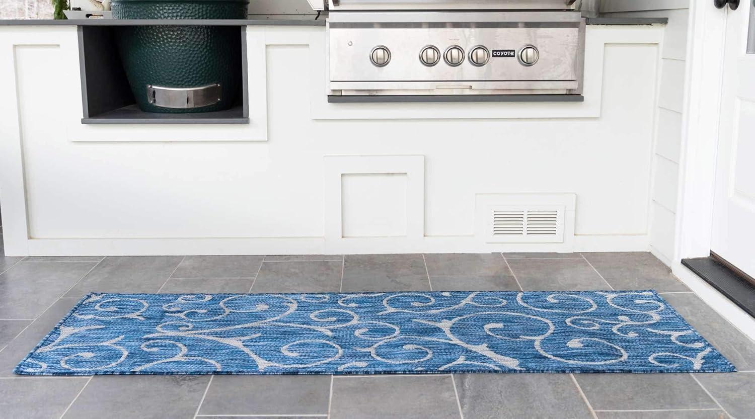 Unique Loom Curl Indoor/Outdoor Botanical Rug Blue/Ivory 2' x 6' 1" Runner Damask Modern Perfect For Patio Deck Garage Entryway