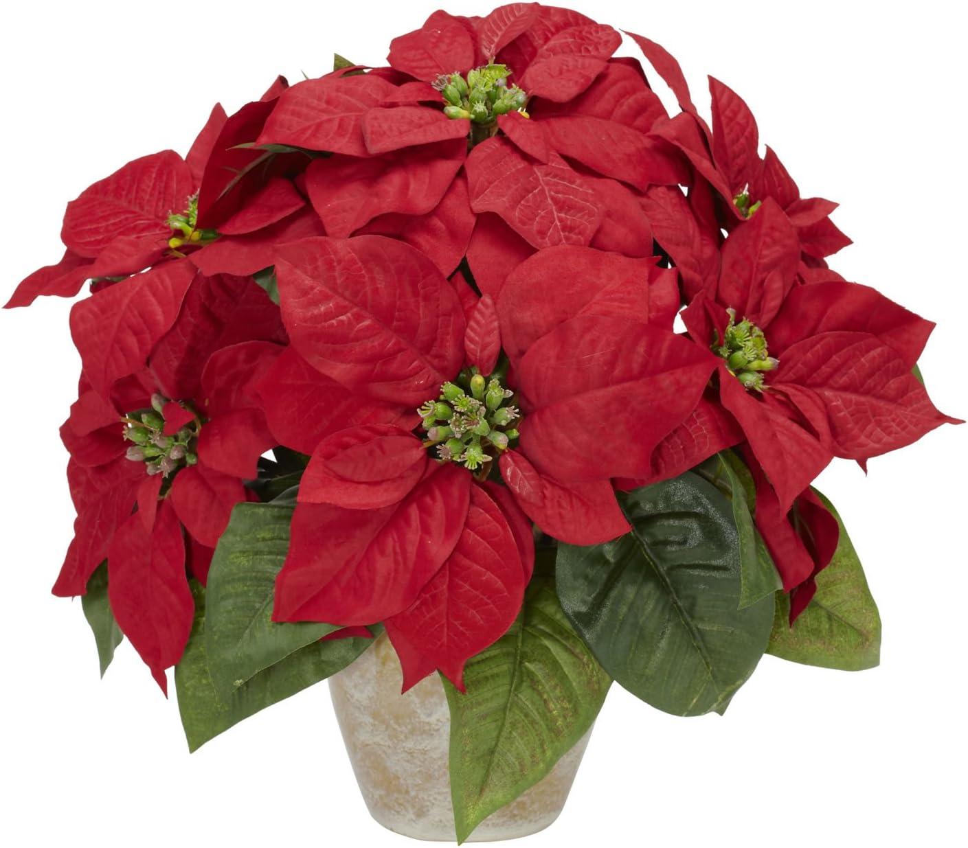 Nearly Natural 13" Artificial Poinsettia With Ceramic Vase Artificial Plant, Red