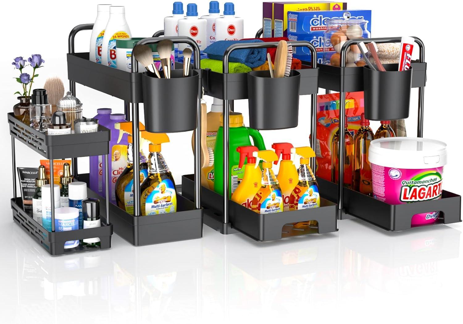 4 Pack Under Sink Organizer And Storage - Stackable 3 Size 2 Tier Bathroom Under The Sink Organizers Multi-Usage Kitchen Cabinet Organizers And Storage Sink Bath Shelf Baskets