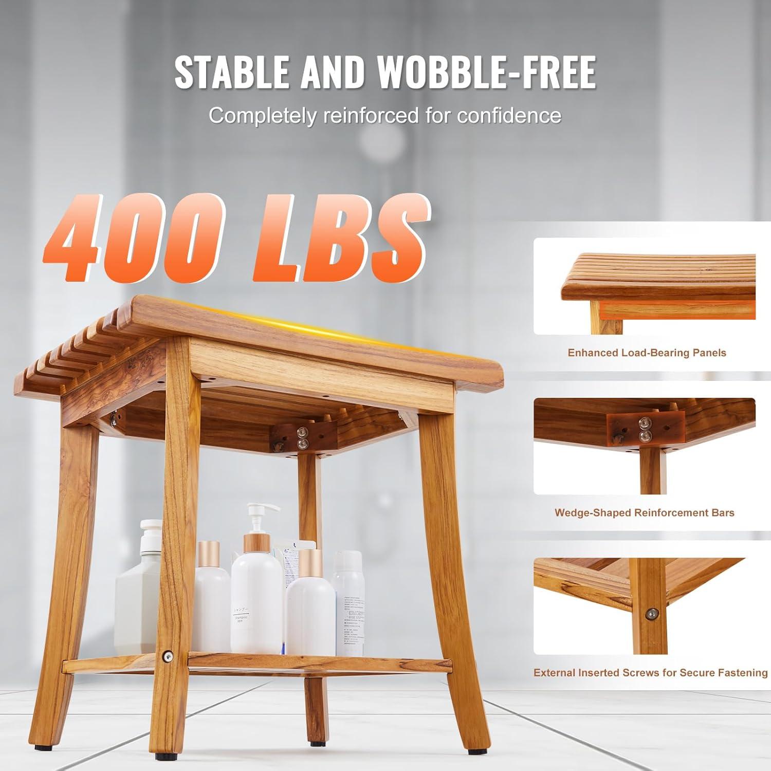 Teak Wood Shower Bench with Storage Shelf and Non-Slip Pads