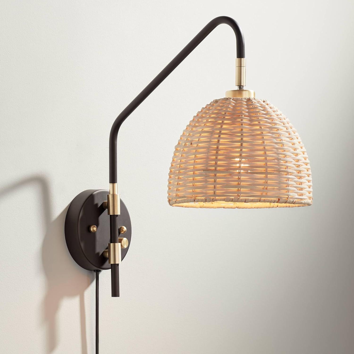 Coastal Swing Arm Adjustable Wall Lamp in Deep Bronze and Brass with Rattan Shade