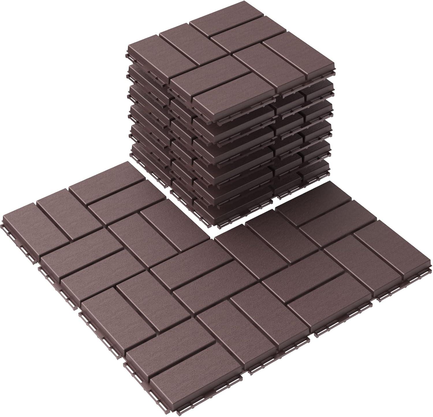 Goovilla Plastic Interlocking Deck Tiles, 27 Pack Outdoor Patio Flooring, 12"x12" Interlocking Decking Tile Outdoor All Weather Use, Waterproof Patio Pavers for Pool Balcony Backyard Porch, Dark Brown