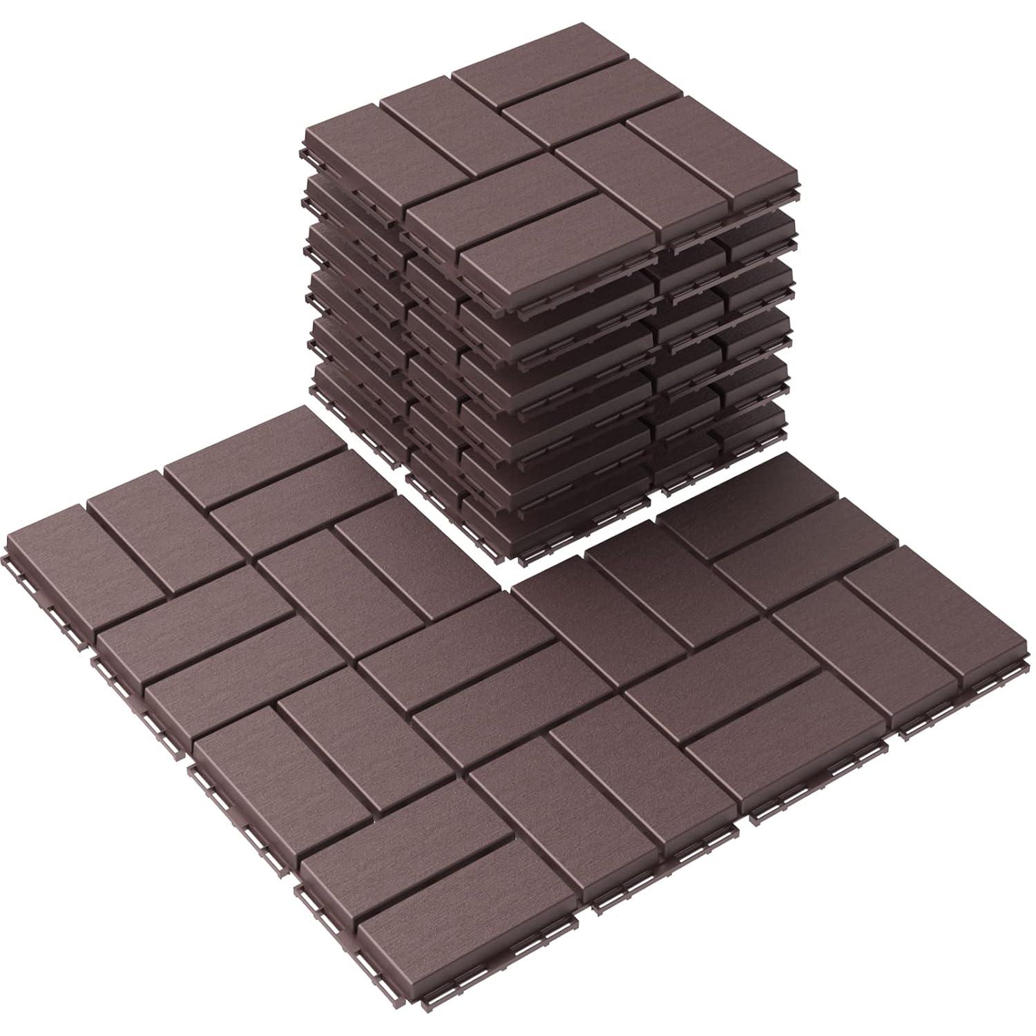 Goovilla Plastic Interlocking Deck Tiles, 27 Pack Outdoor Patio Flooring, 12"x12" Interlocking Decking Tile Outdoor All Weather Use, Waterproof Patio Pavers for Pool Balcony Backyard Porch, Dark Brown