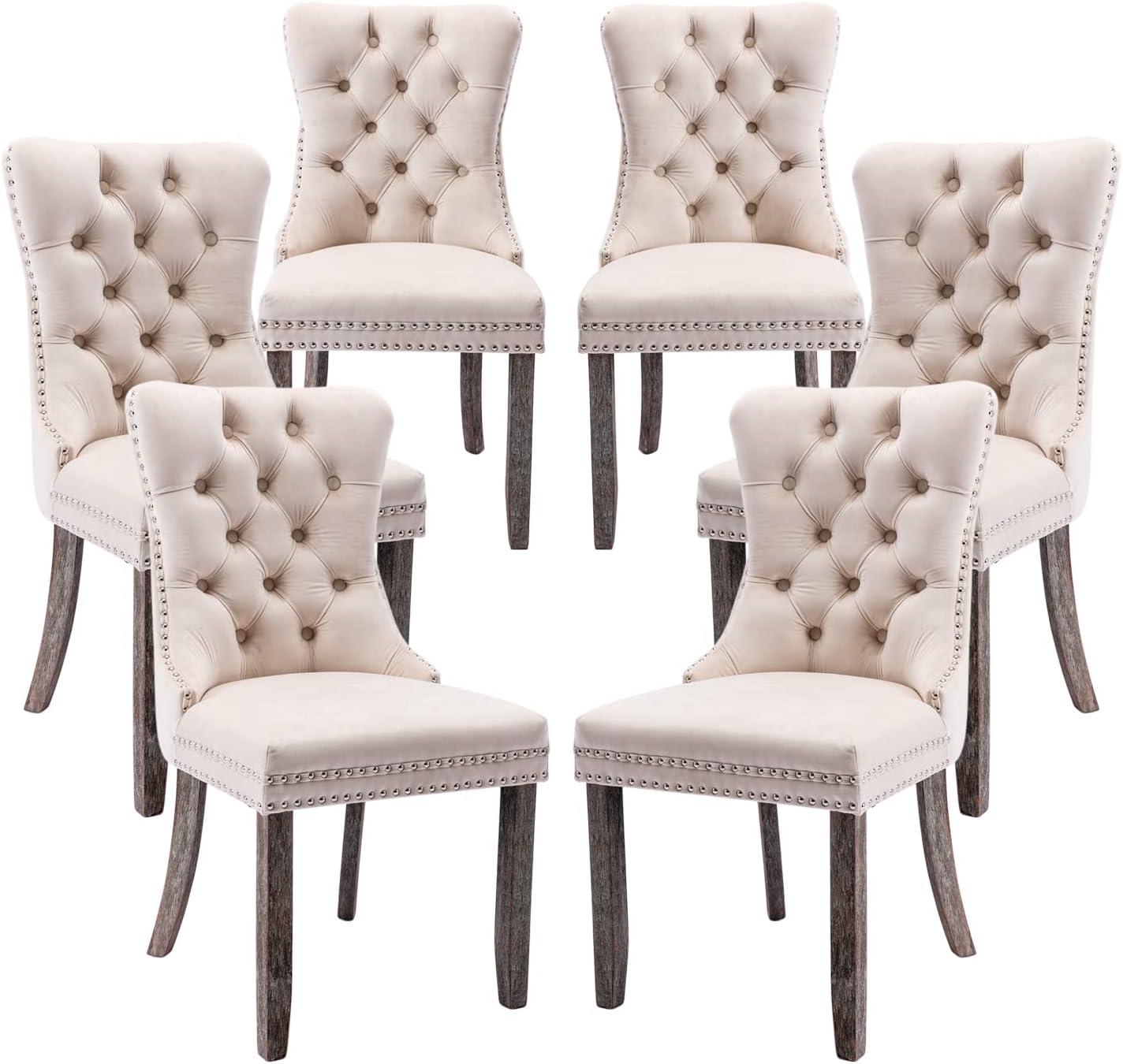 ODUSE-DAILY Velvet Dining Chairs Set of 6, Kitchen & Dining Room Chairs, Nailheads Tufted Chair, Sillas De Comedor, Two-Tone Fabric Upholstered, Wood Legs (Beige & Patterned, 6 Pcs)