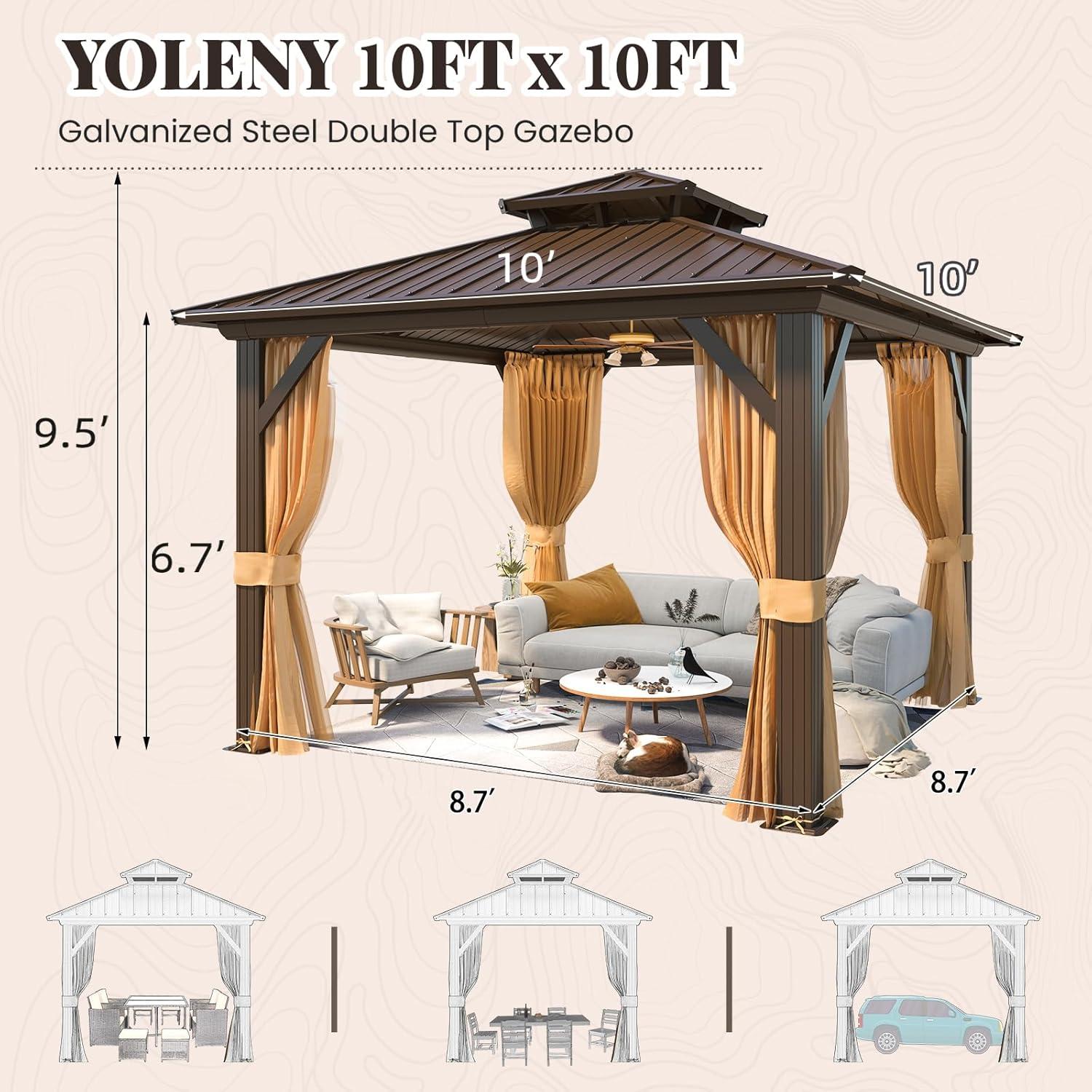 Erommy Hardtop Gazebo with Galvanized Steel Double Roof