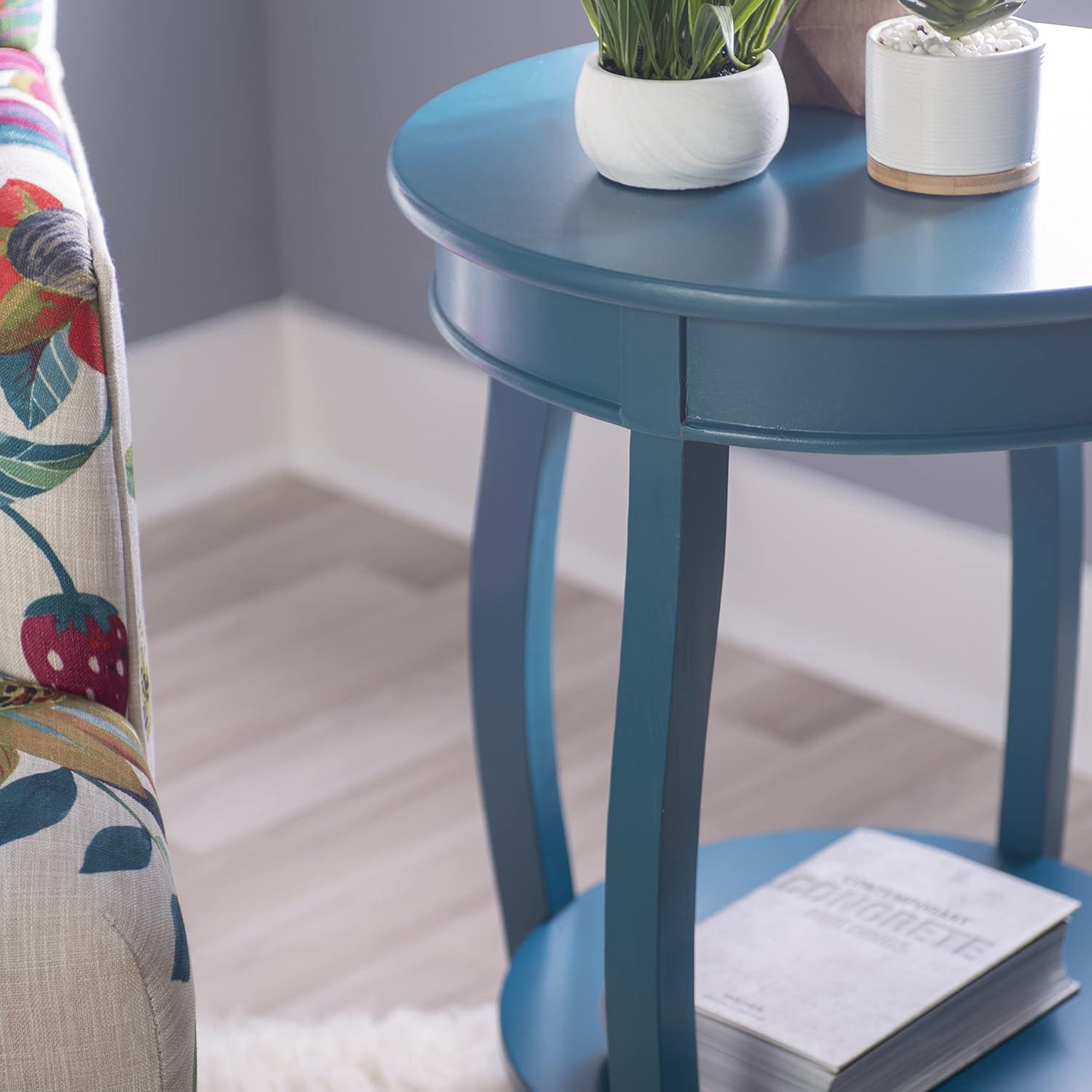 Linon Wren Round Wood End Table with Shelf in Teal Blue