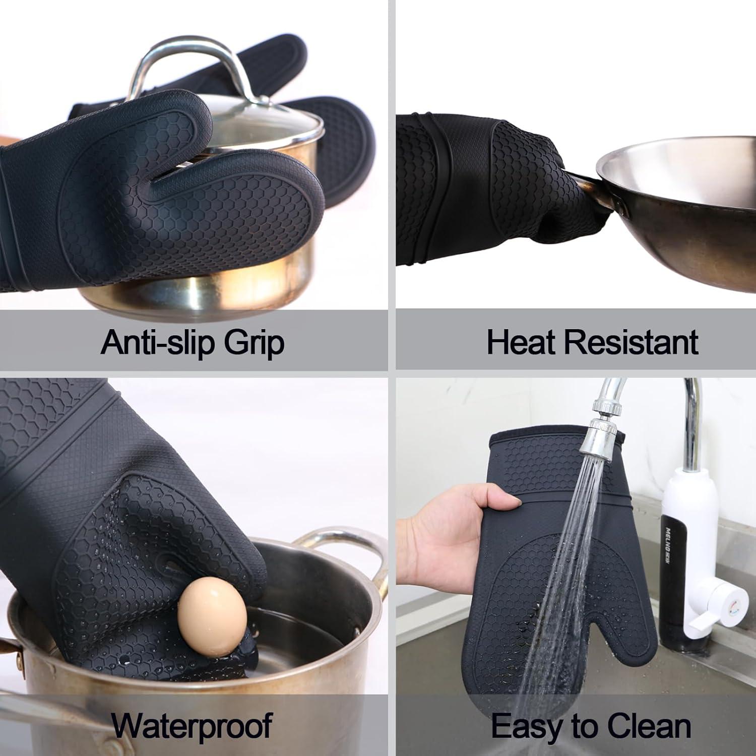 Black Silicone Heat-Resistant Oven Mitts with Non-Slip Grip, 2-Pack