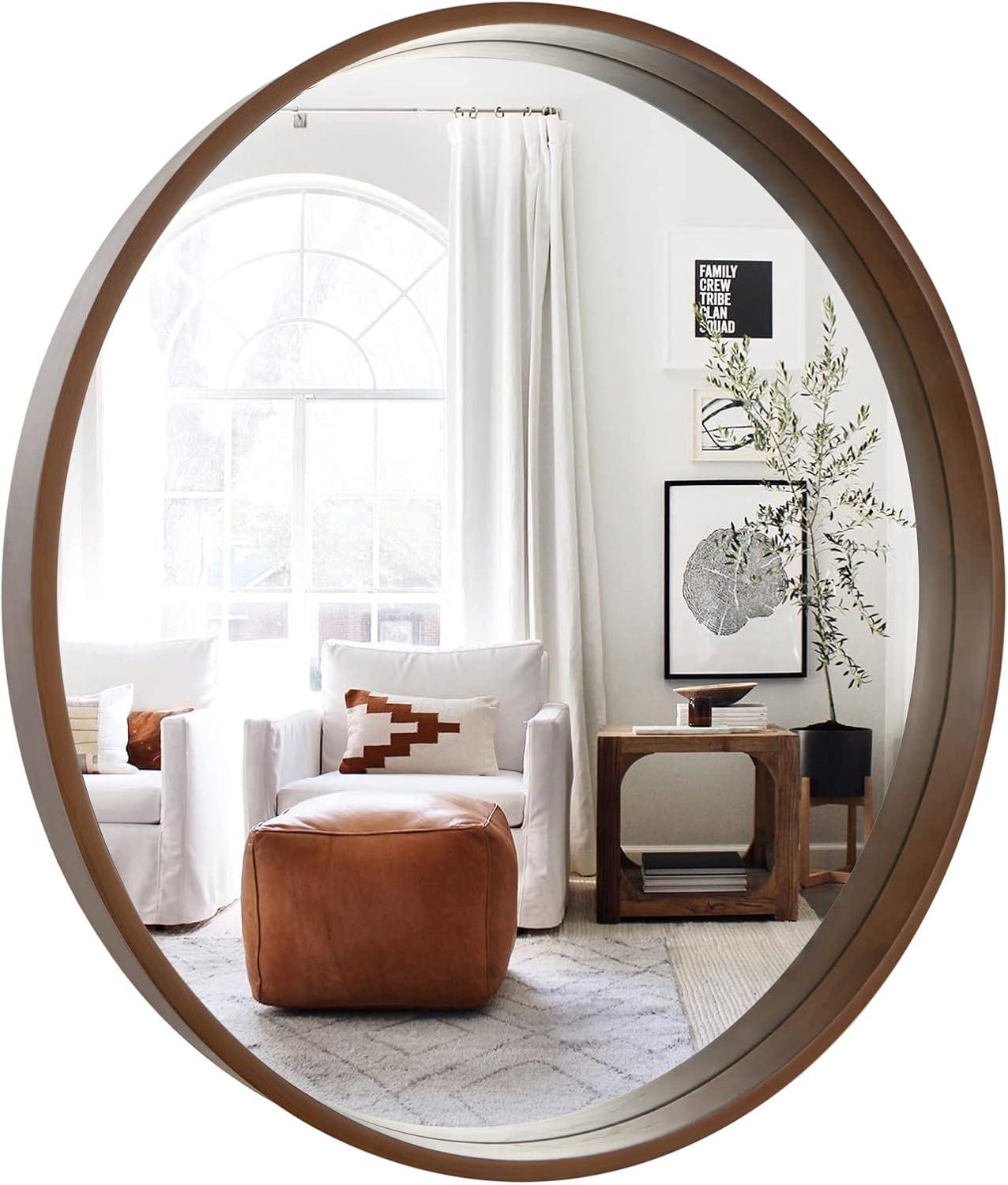 28" Walnut Round Mirror with Wood Frame