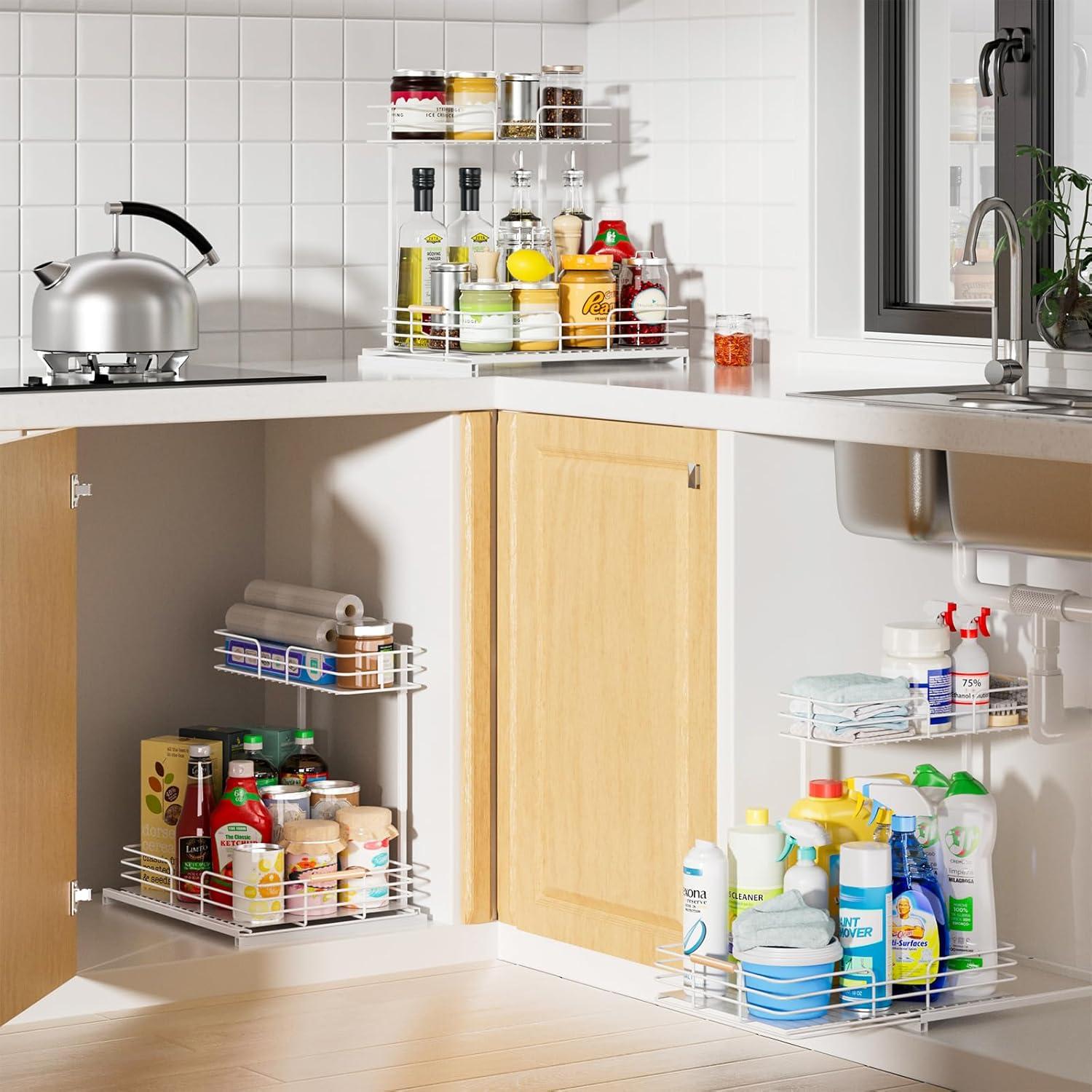 Delamu 2 Pack Under Sink Organizer and Storage, 2 Tier Pull Out Cabinet Organizer, Slide Out Under Sink Storage Shelf for Kitchen Bathroom, White