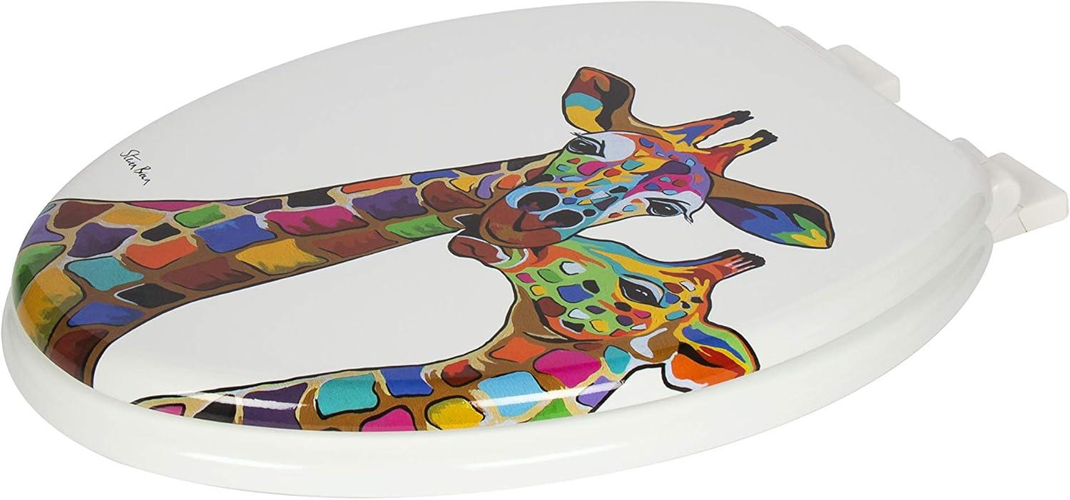 Croydex Steven Brown Artwork 19in Round Wood Toilet Seat, Colorful Giraffes Design