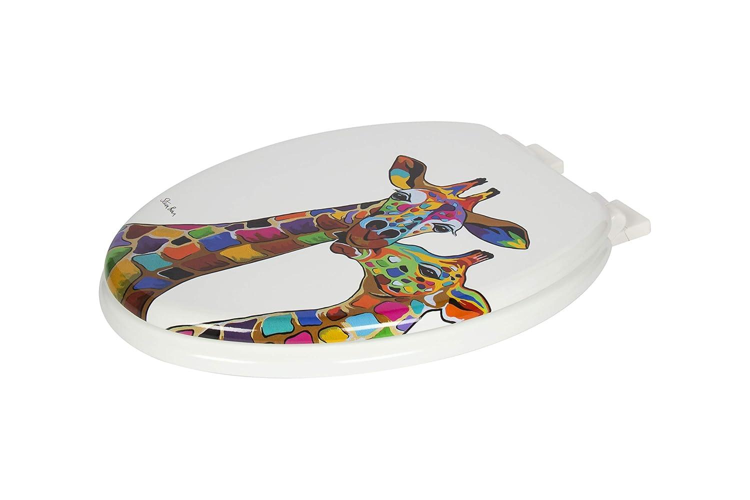 Croydex Steven Brown Artwork 19in Round Wood Toilet Seat, Colorful Giraffes Design