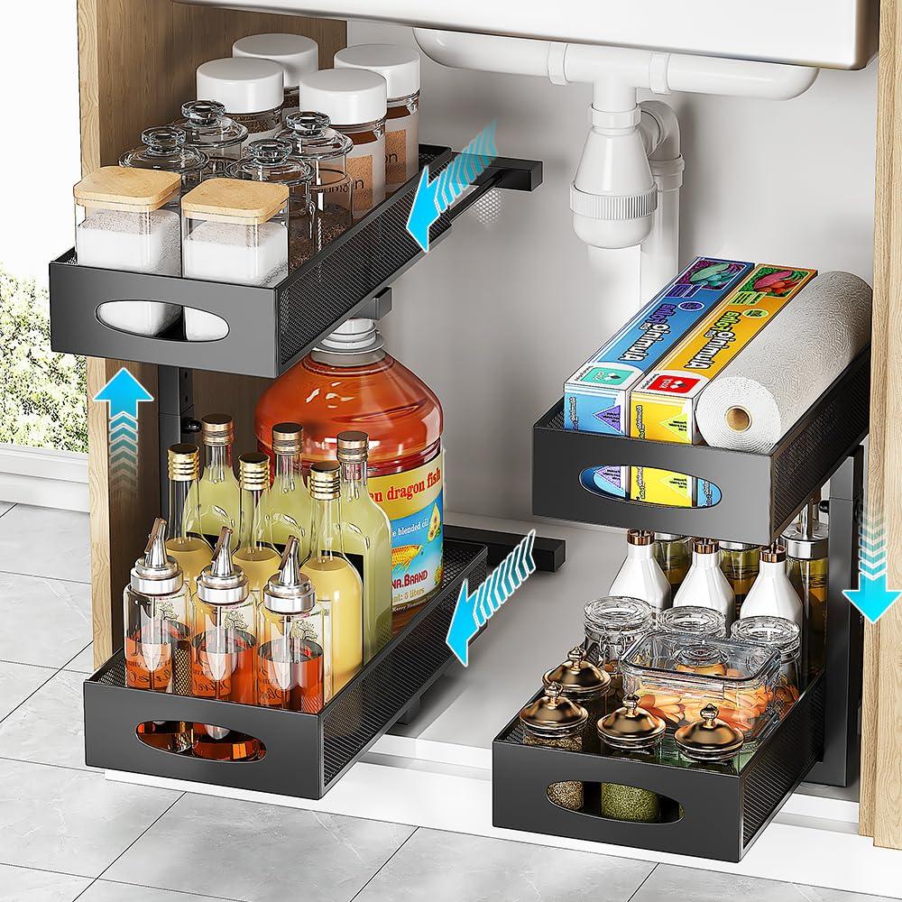 Rebrilliant Under Sink Organizer, 2 Tier Under Sink Organizers And Storage, Metal Slide Out Pull Out Cabinet Organizer ,2 Pack Sliding Drawer Organizer For Kitchen Bathroom Pantry