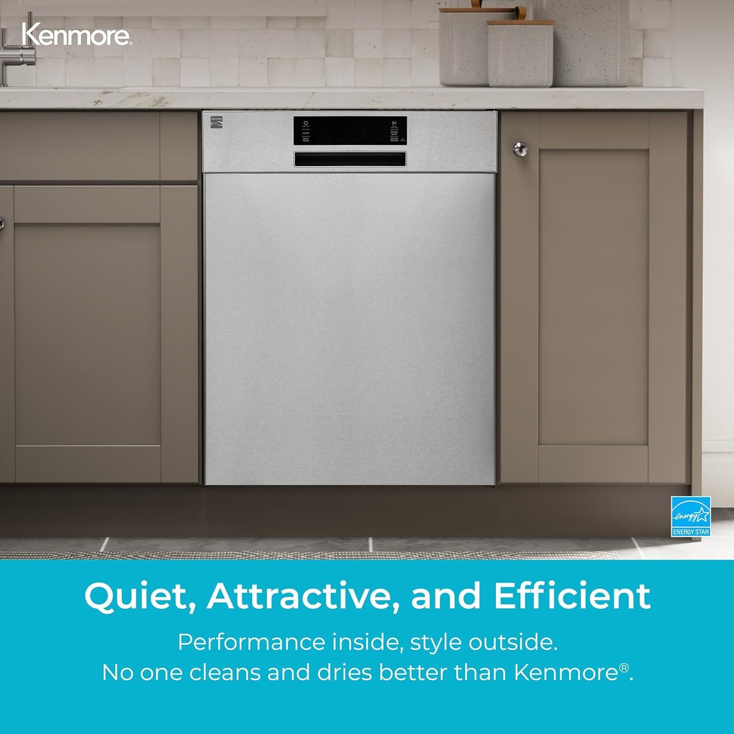 Kenmore 24" Built-In Stainless Steel Tub Dishwasher with EasyFlex 3rd Rack, SmartWash, UltraWash Plus, TurboDry, and MoreSpace Adjustable Rack, Energy Star Certified, Black