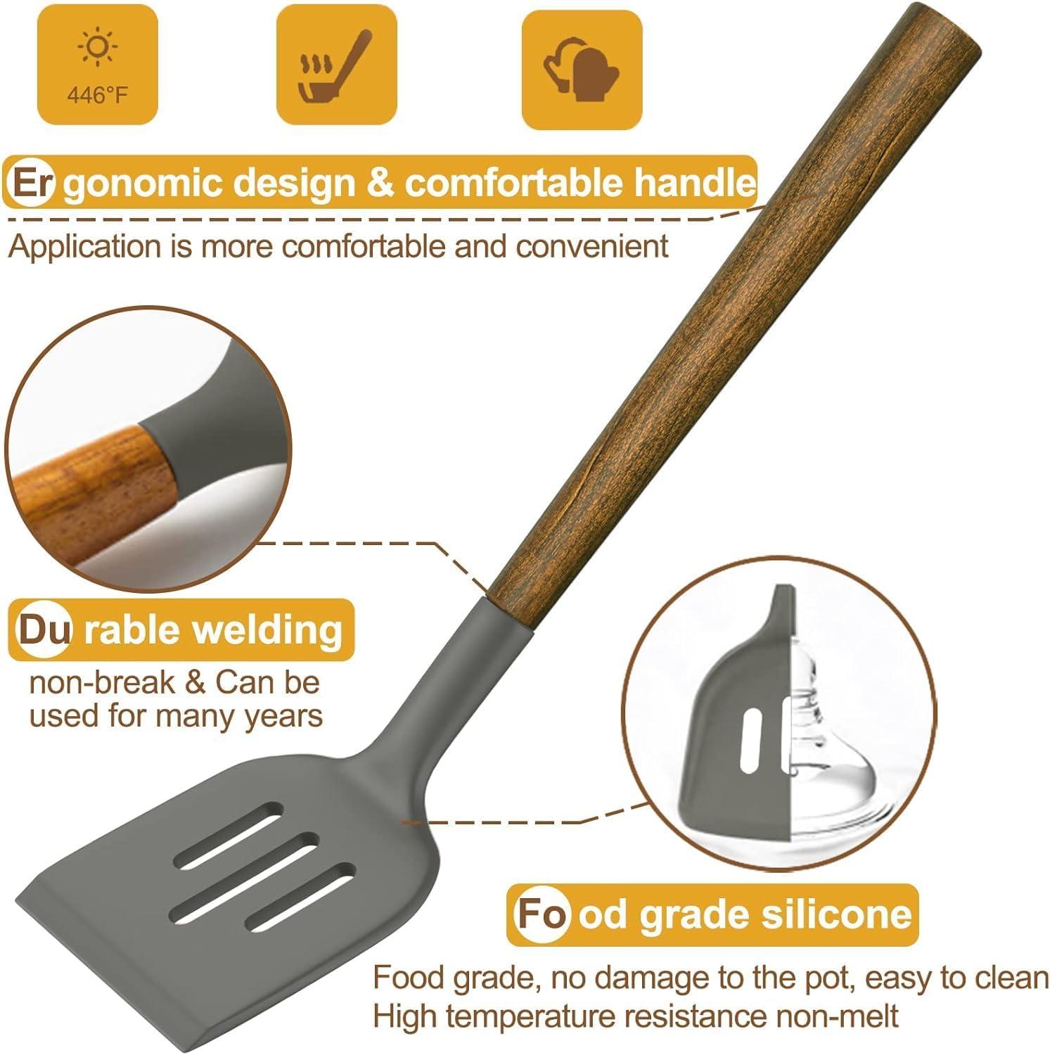 Silicone Cooking Utensil Set, 8-Piece Kitchen Utensils Set with Natural Acacia Wooden Handles,Food-Grade Silicone Heads-Silicone Kitchen Gadgets and Spatula Set for Nonstick Cookware - Grey