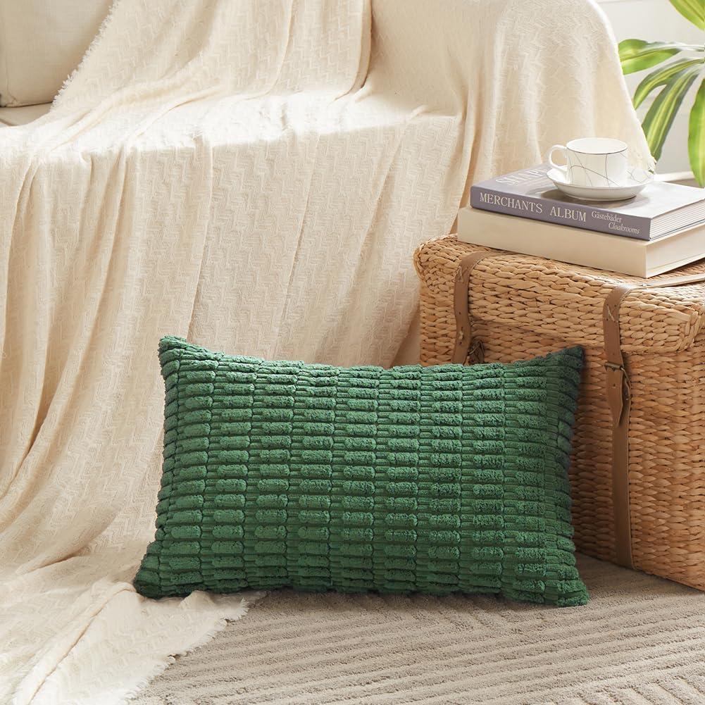 Boho Sage Green Striped Corduroy Pillow Covers - Set of 2 | Farmhouse Rectangle Cushion Cases for Sofa Couch Bed | Soft Decorative Throw Pillowcases - 12x20 Inch Home Decor