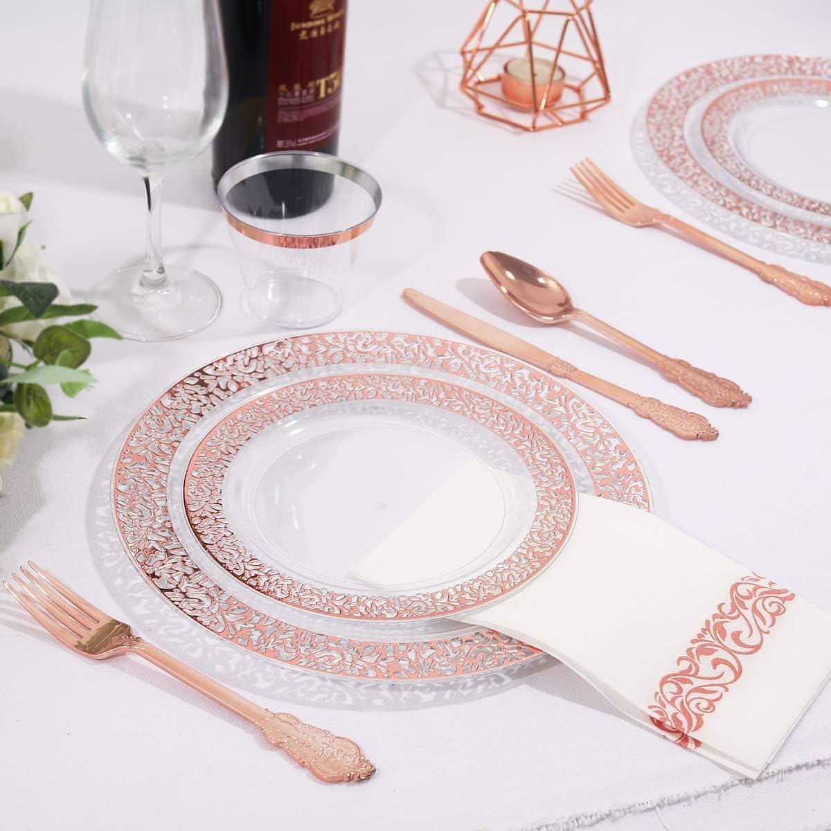 Rose Gold and Clear Plastic Dinnerware Set for 50 Guests