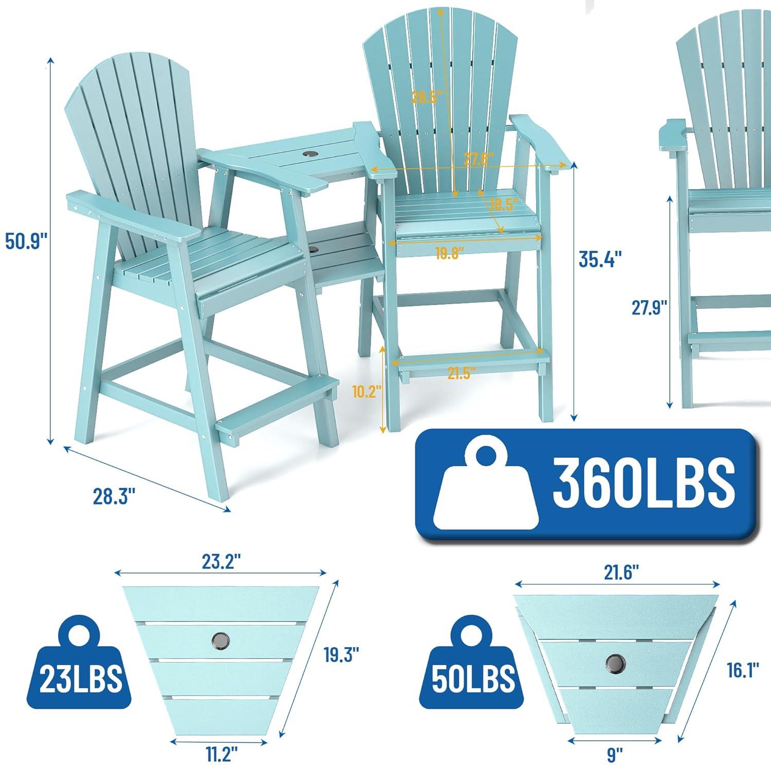 JUSTLET Tall Plastic Adirondack Chair Set of 2 W/ Outdoor Barstools and Connecting Tray, Brown
