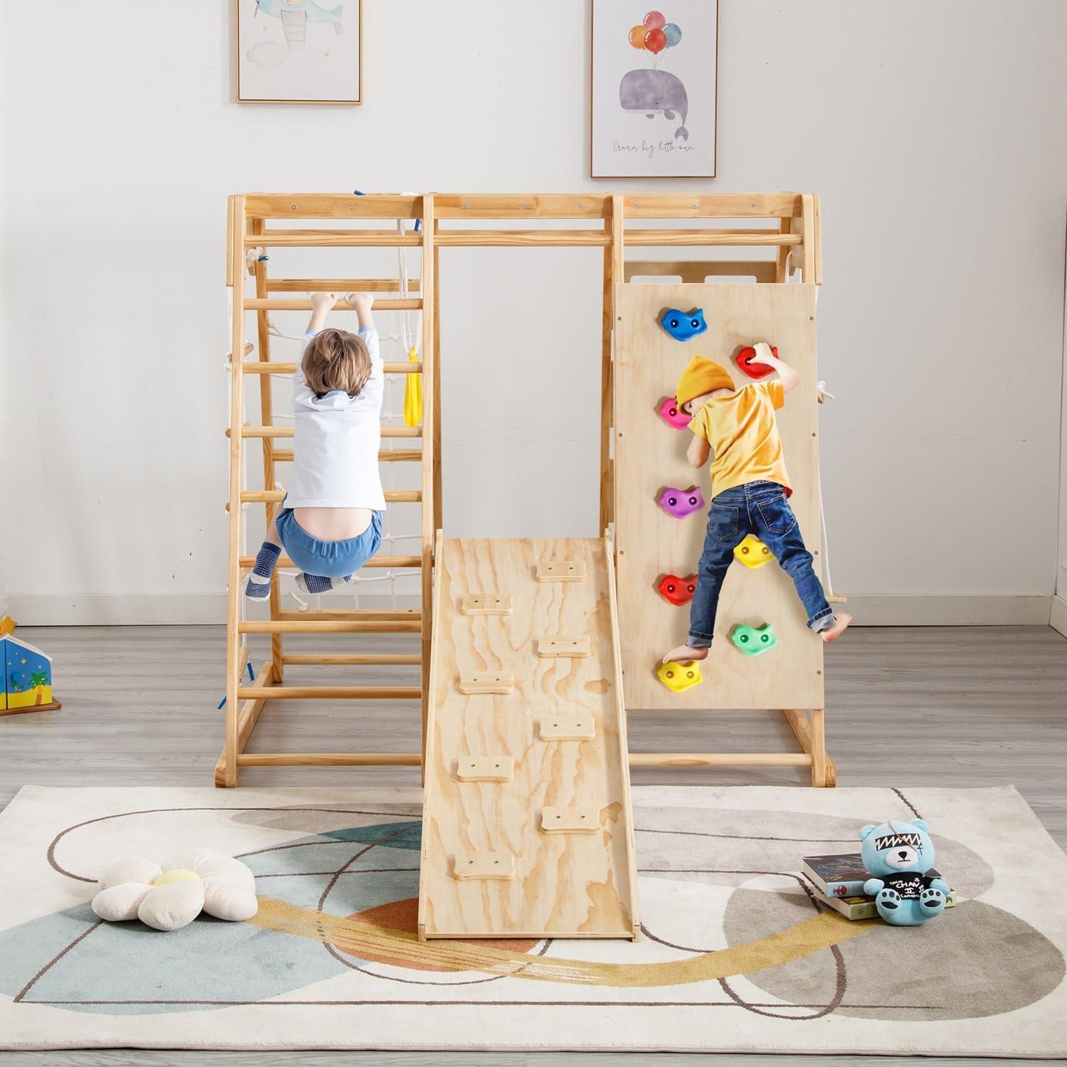 8-in-1 Pine Wood Indoor Jungle Gym with Slide and Swing