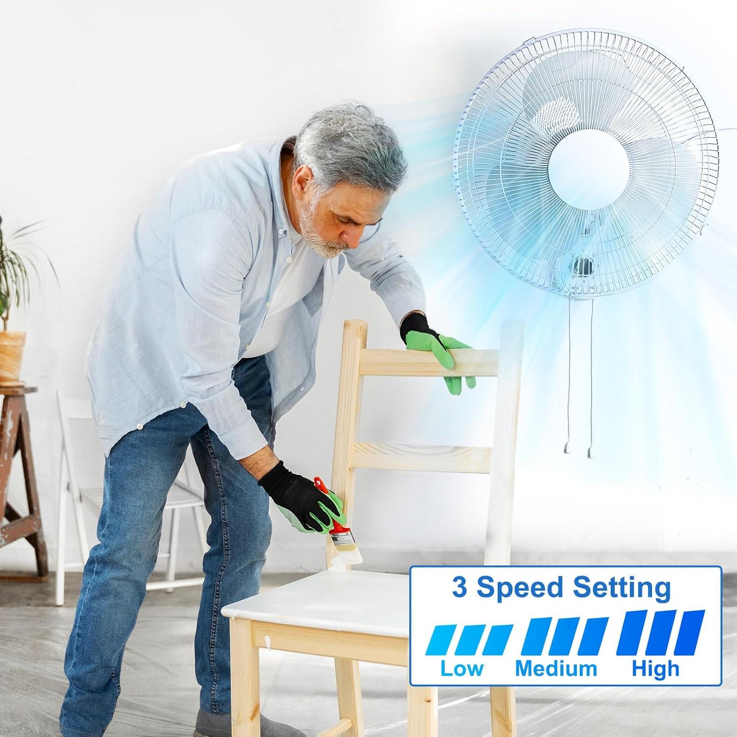 Aottop 16-Inch White Wall Mount Fan with Pull Chain and Knob Control, 2-Pack | 3 Speeds,Oscillating,Ideal for Bedroom, Living Room, and Office