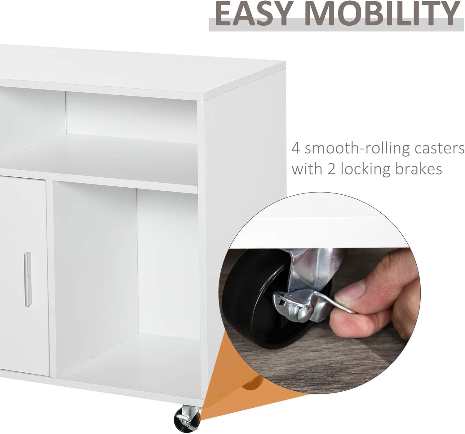 HOMCOM Printer Stand Home Office Mobile Storage Cabinet Organizer Desktop with Caster Wheels, 2 Locking Breaks and Drawer, White