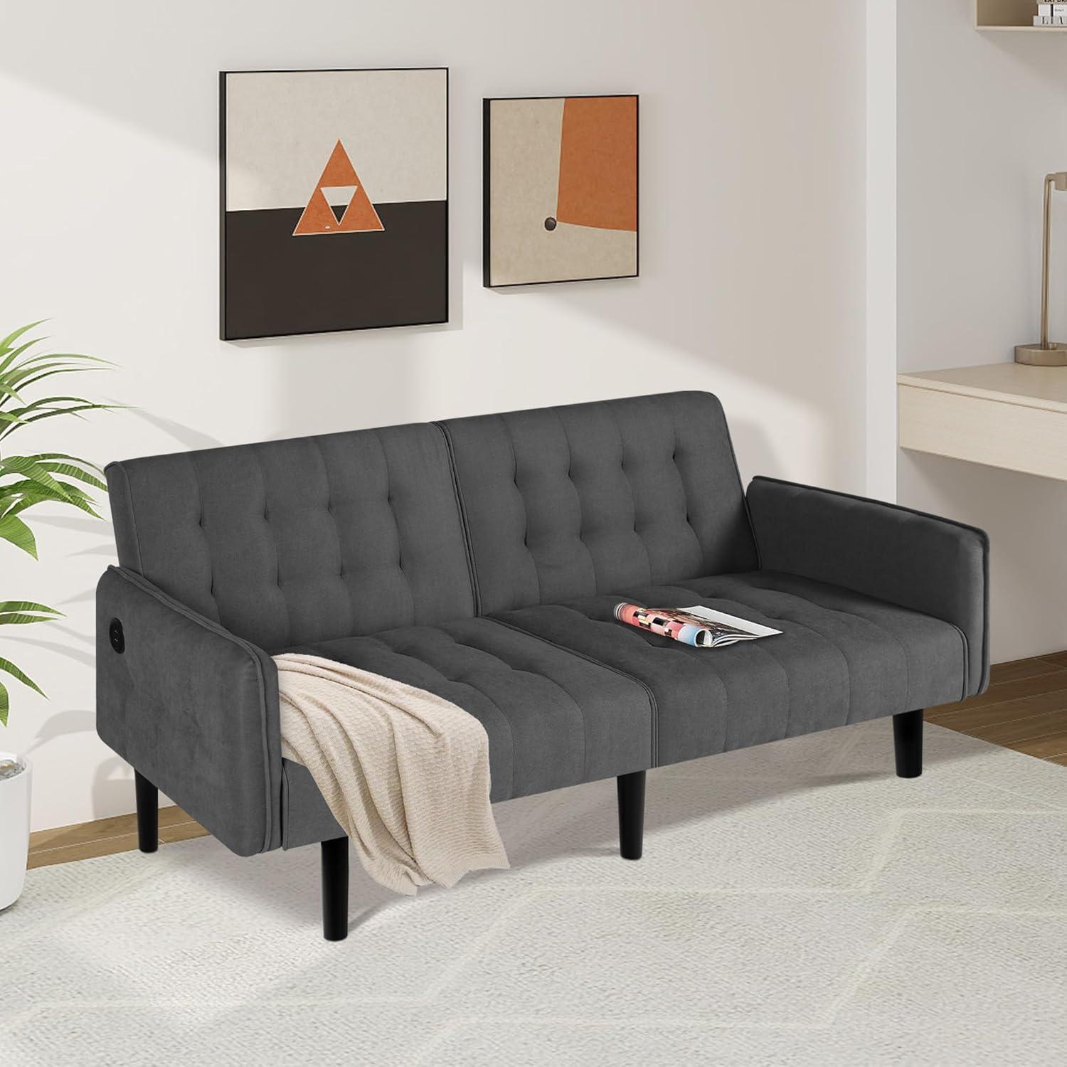 TYBOATLE 65“ Convertible Futon Sofa Bed w/ 2 USB, Upholstered Tufted Small Adjustable Folding Couch Loveseat, Modern Mid Century Sleeper Sofa for Living Room, Bedroom, Apartment, Office (Dark Grey)