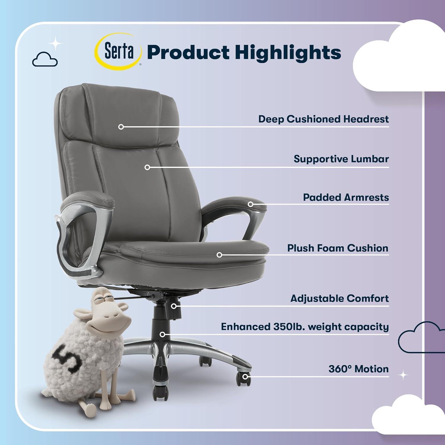 Big and Tall Executive Office Chair Opportunity Gray - Serta: Heavy-Duty, Ergonomic with Lumbar Support, Fixed Arms