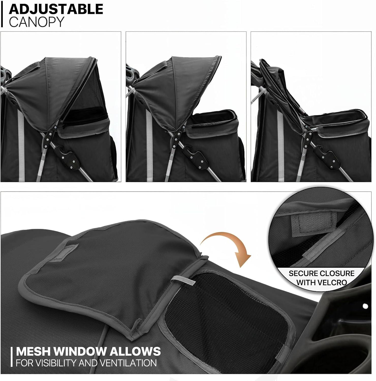 ATCHISON Foldable Pet Stroller, 3 Wheels Folding Carrier Jogger Stroller for Dogs Cats with Canopy and Basket