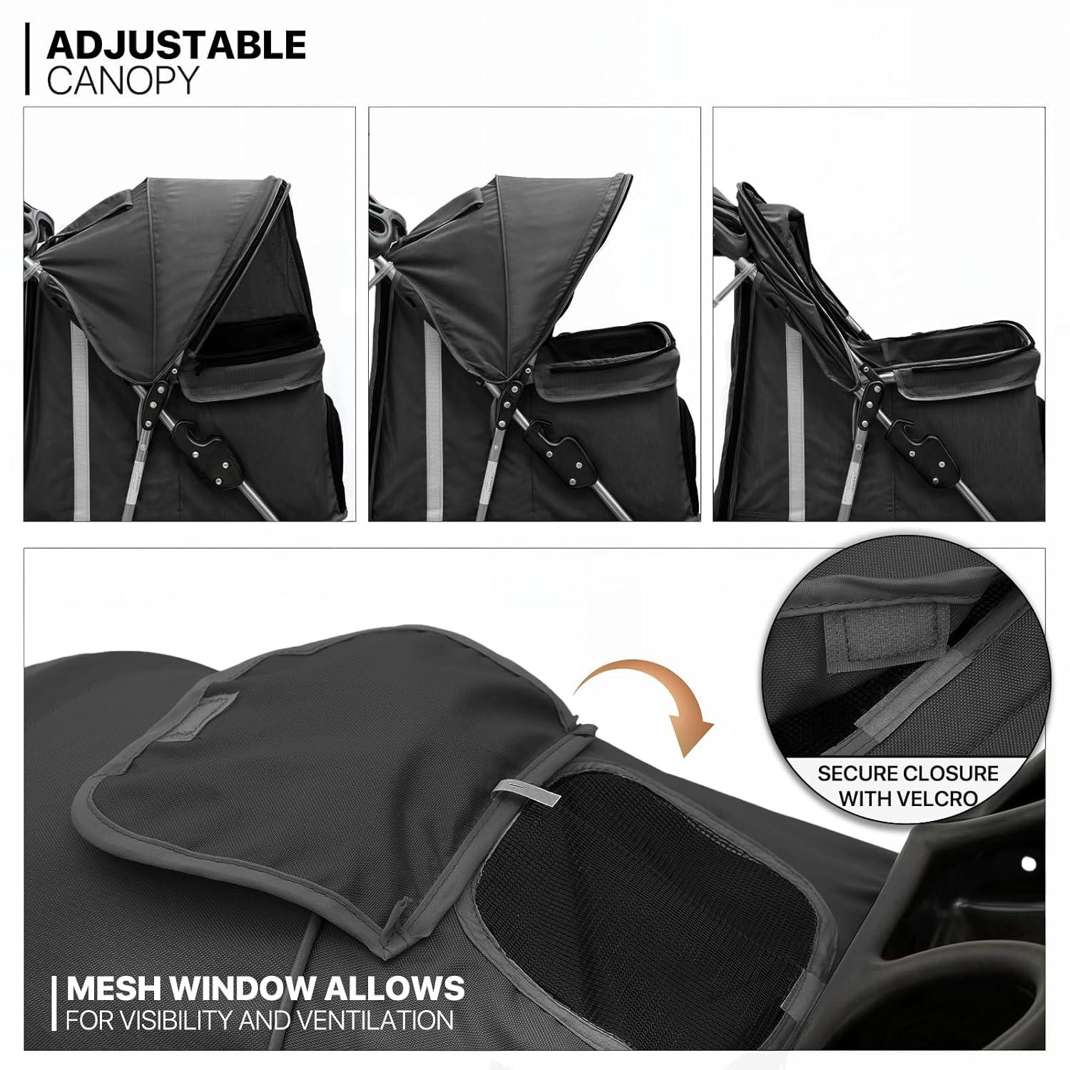 ATCHISON Foldable Pet Stroller, 3 Wheels Folding Carrier Jogger Stroller for Dogs Cats with Canopy and Basket
