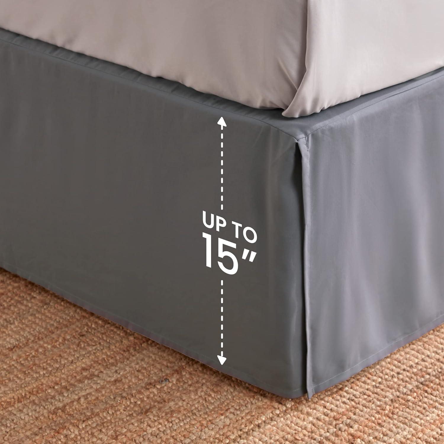 Full Size Gray Polyester Pleated Bed Skirt with 15-Inch Drop