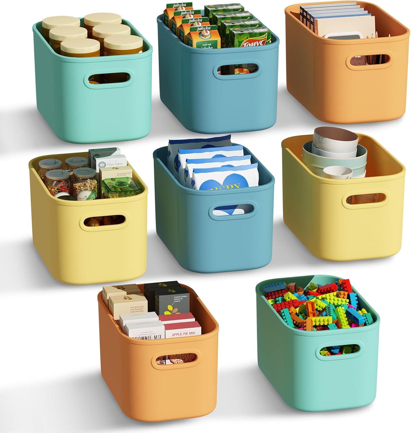 8 Pieces Colorful Storage Bins with Lid and Handle, Plastic Stackable Baskets Desktop Cube Box Cubby Bins Containers for Shelf Cabinet Bedroom Office (Multi-colored,14.2 x 10.2 x 9.5 Inch)