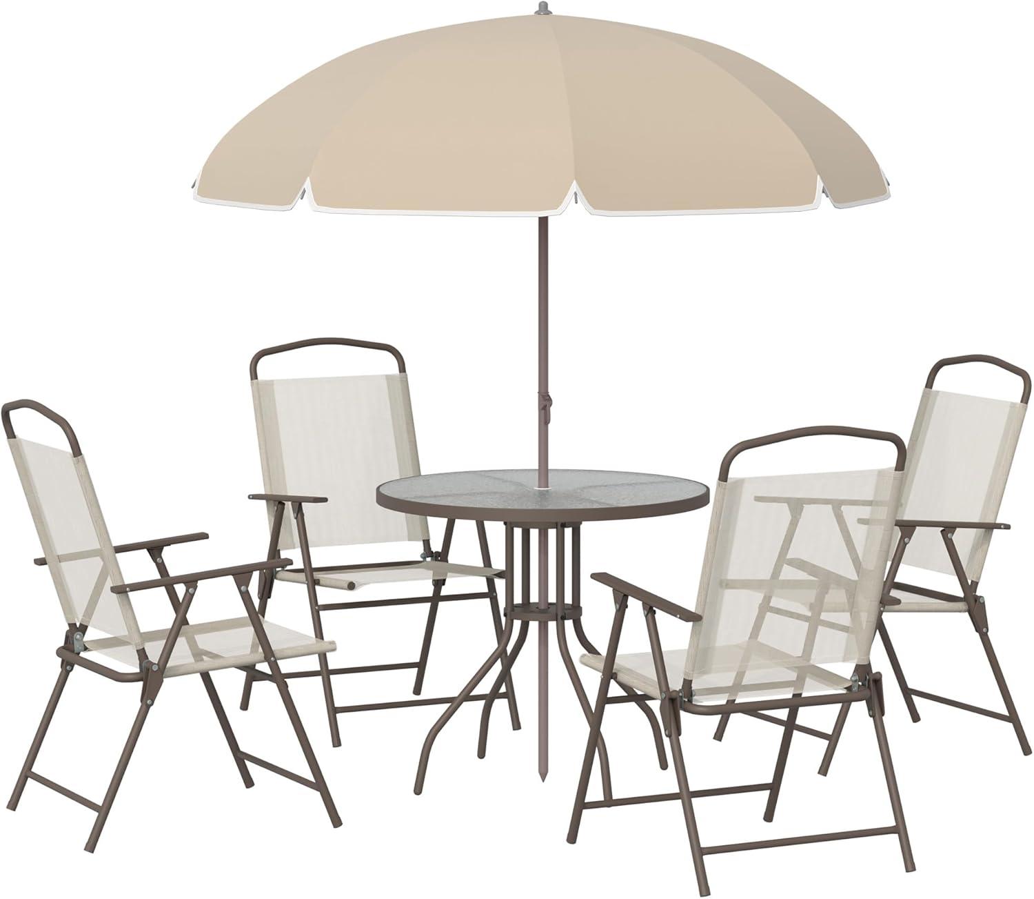 Outsunny 6 Piece Patio Dining Set for 4 with Umbrella, 4 Folding Dining Chairs & Round Glass Table for Garden, Backyard, and Poolside