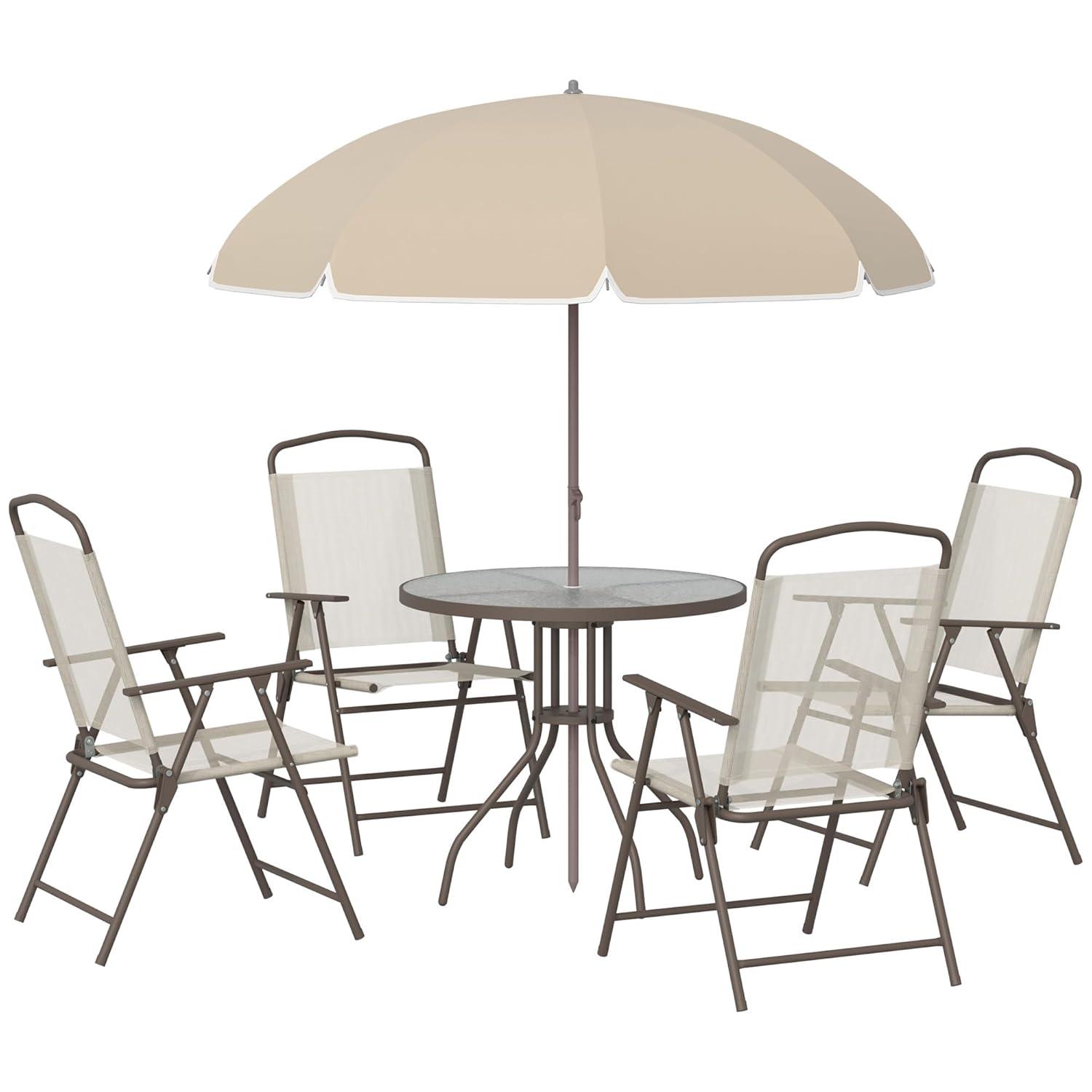Outsunny 6 Piece Patio Dining Set for 4 with Umbrella, 4 Folding Dining Chairs & Round Glass Table for Garden, Backyard, and Poolside, Beige