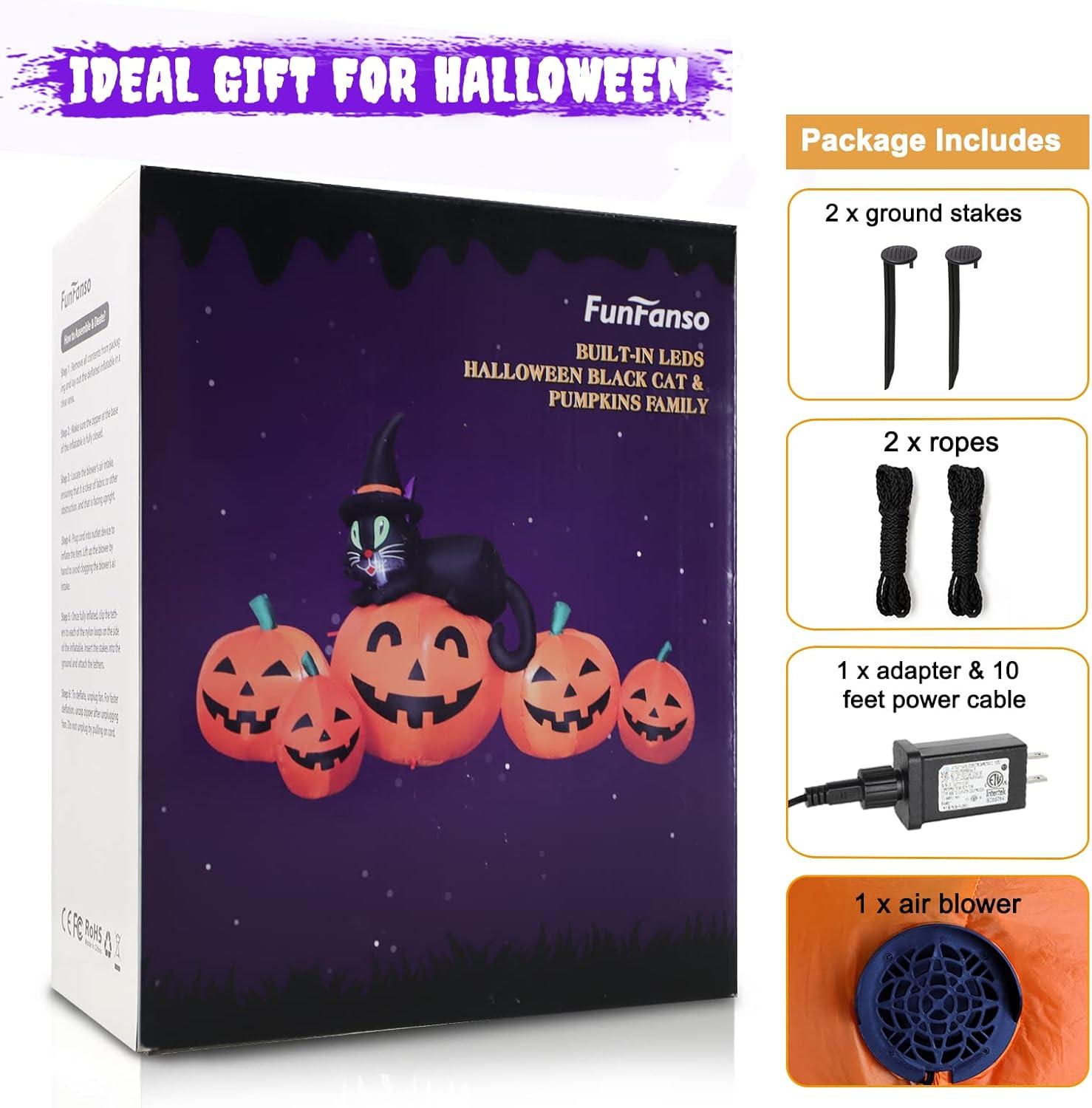 5FT Halloween Inflatable Pumpkin Outdoor Decoration, Lighted Blow Up Yard Decor, 5PCS Pumpkins with Witch’s Black Cat Built-in LED Lights for Balcony Home Holiday Party Lawn Patio Outside Events Prop