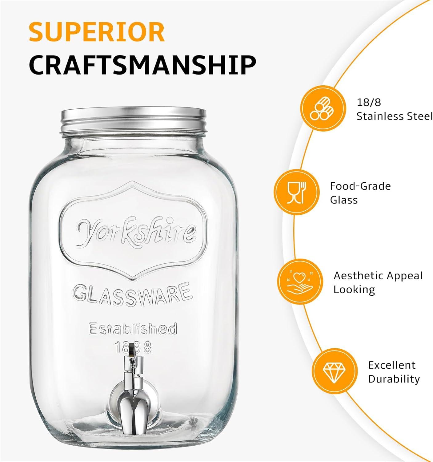 2 Gallon Glass Beverage Dispenser with Stand and Lid, 18/8 Stainless Steel Spigot - Glass Drink Dispensers for Parties - Mason Jar Drink Dispensers with Lids