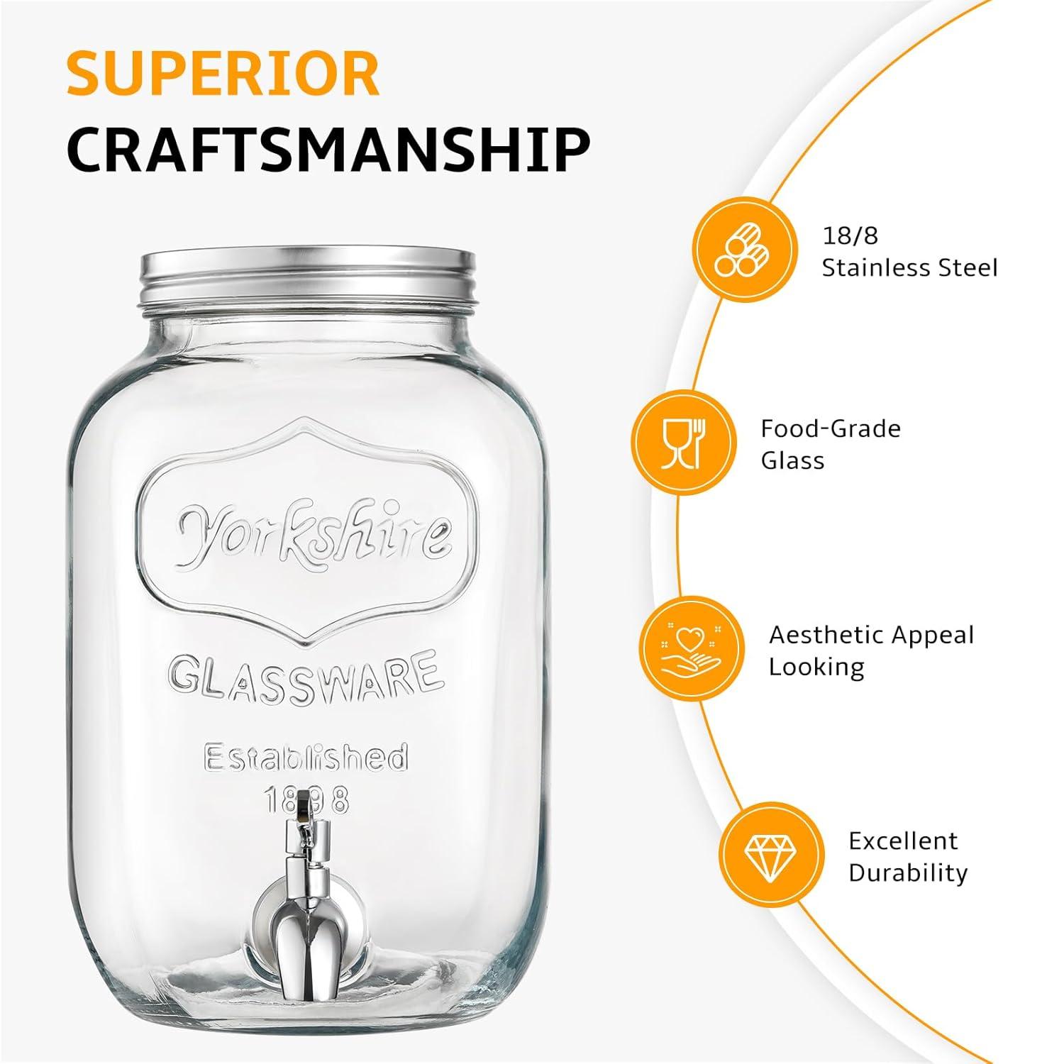 2 Gallon Glass Beverage Dispenser with Stand and Lid, 18/8 Stainless Steel Spigot - Glass Drink Dispensers for Parties - Mason Jar Drink Dispensers with Lids