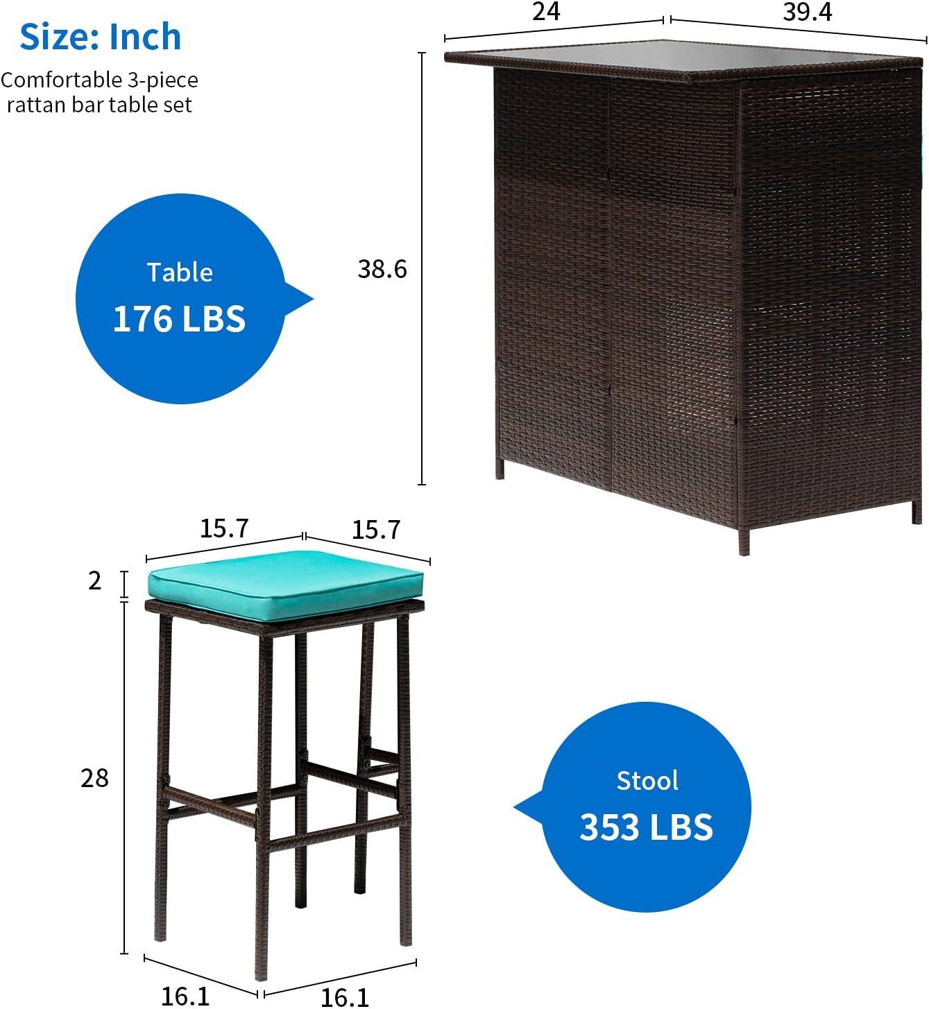 FDW Outdoor Furniture Set Wicker Bistro Set 3PCS Patio Bar Set with Two Stools for Patio Backyard Balcony,Blue Cushion